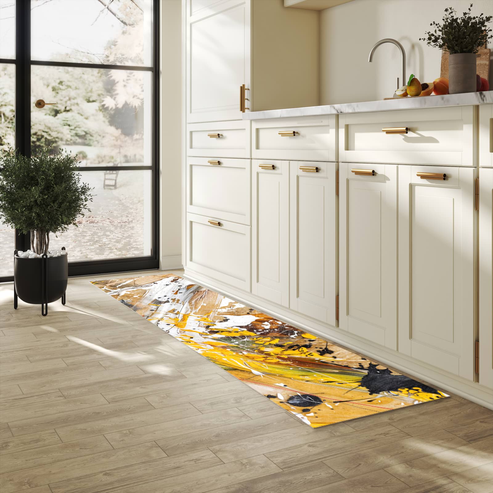 Fleckenresistenter Küchenläufer mit Motiv Abstrakte Malerei in heller Küche
