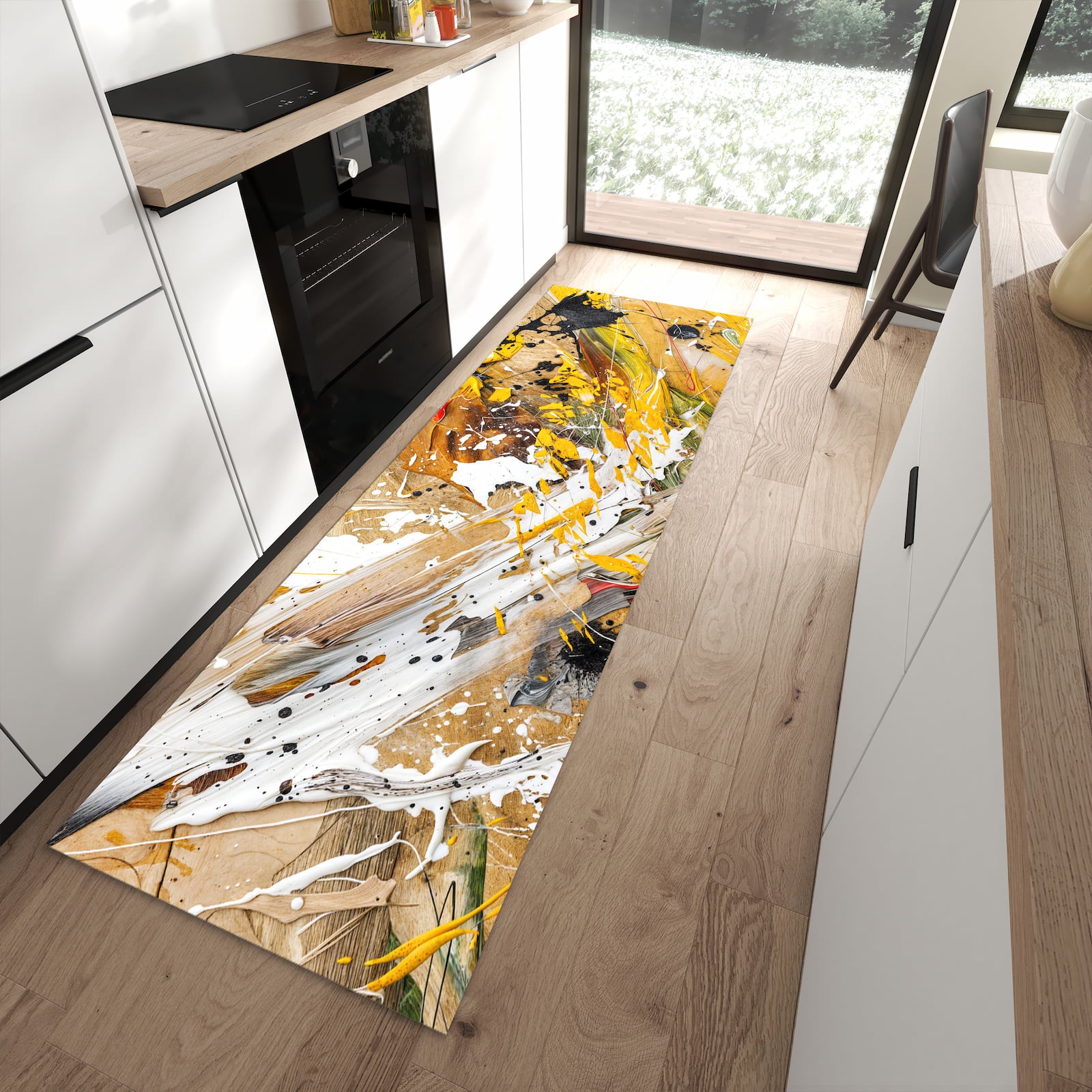 Langlebiger Bodenläufer mit Motiv Abstrakte Malerei in moderner Küche