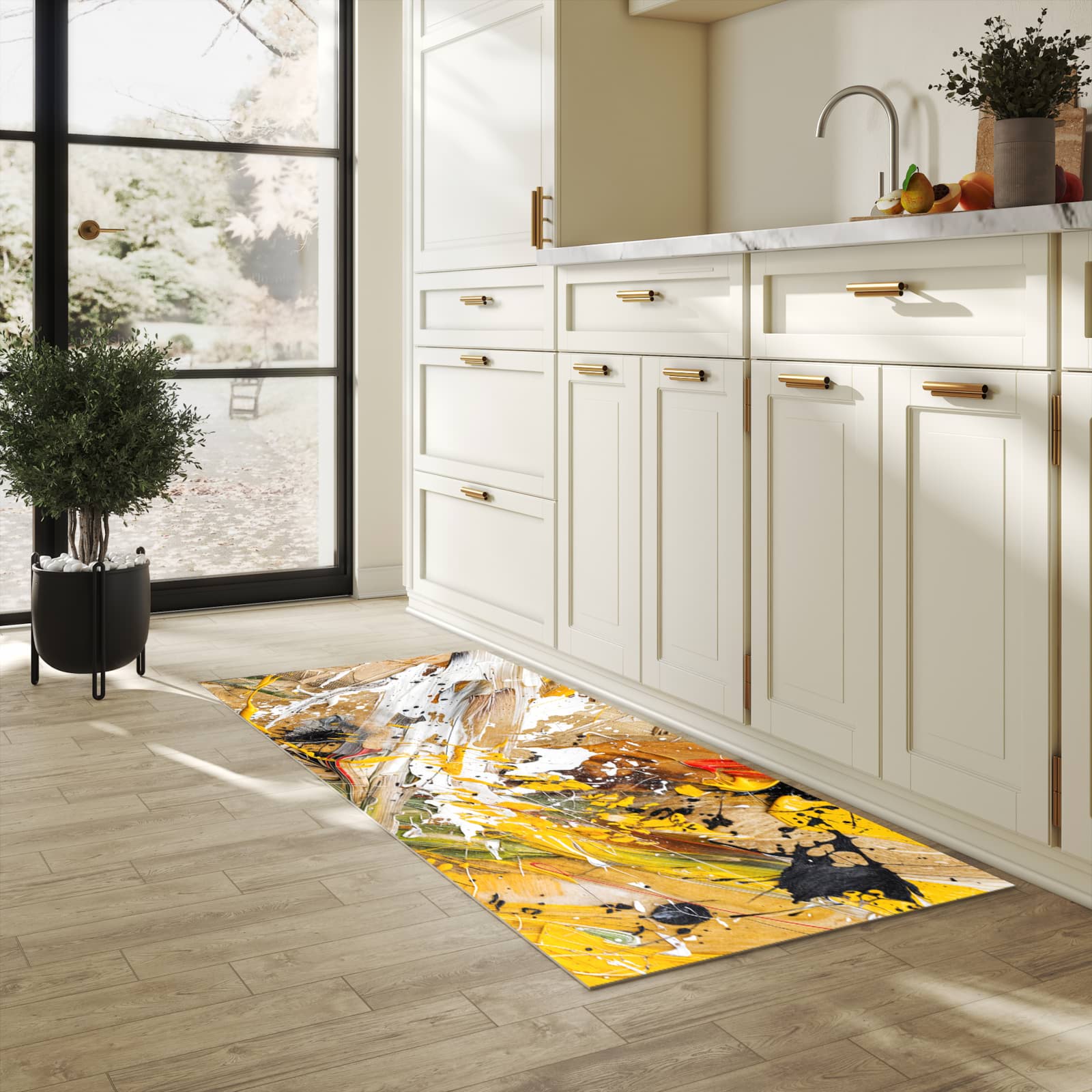 Langlebiger waschbarer Küchenläufer mit Motiv Abstrakte Malerei in heller Küche