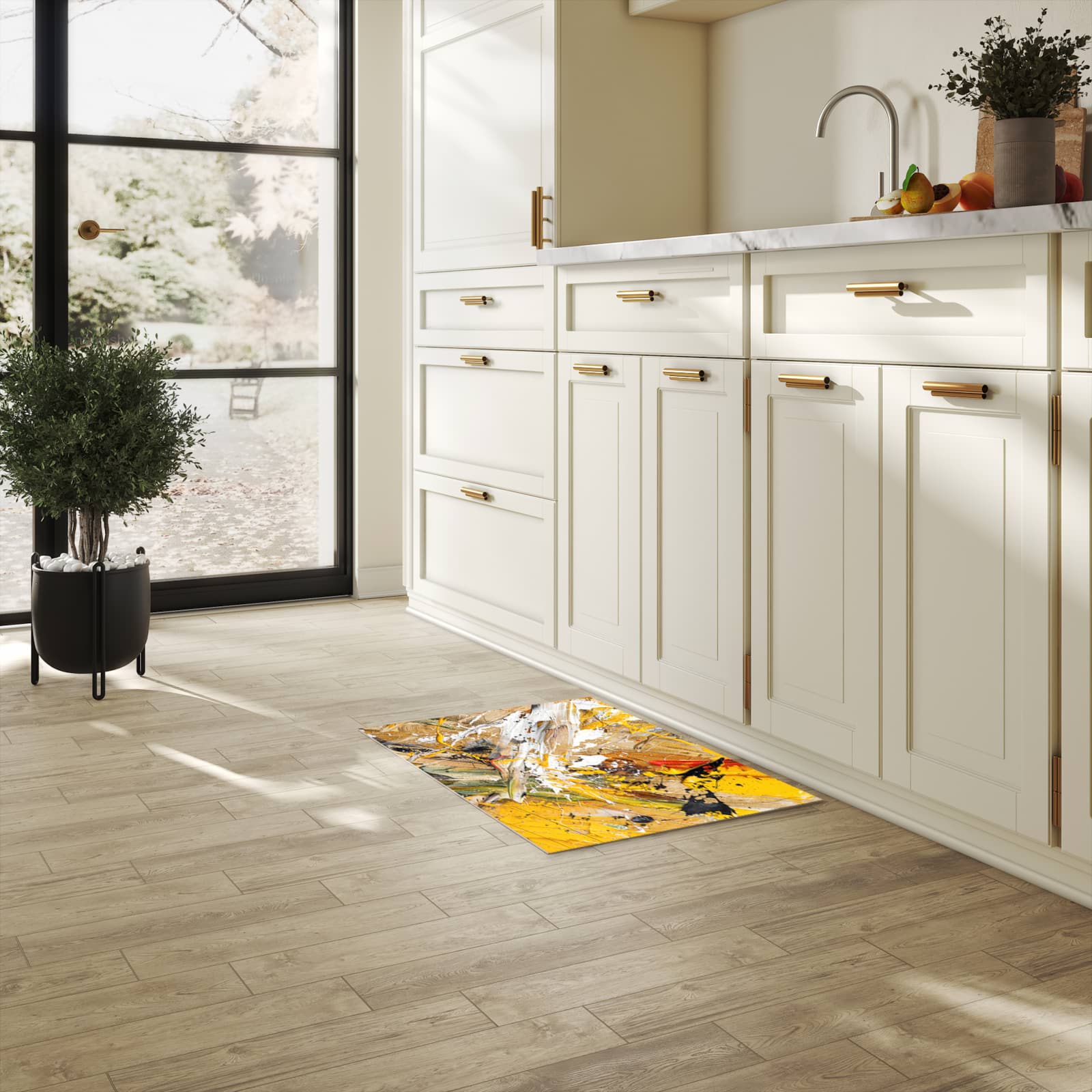 Geruchsneutraler rutschfester Küchenläufer mit Motiv Abstrakte Malerei in heller Küche
