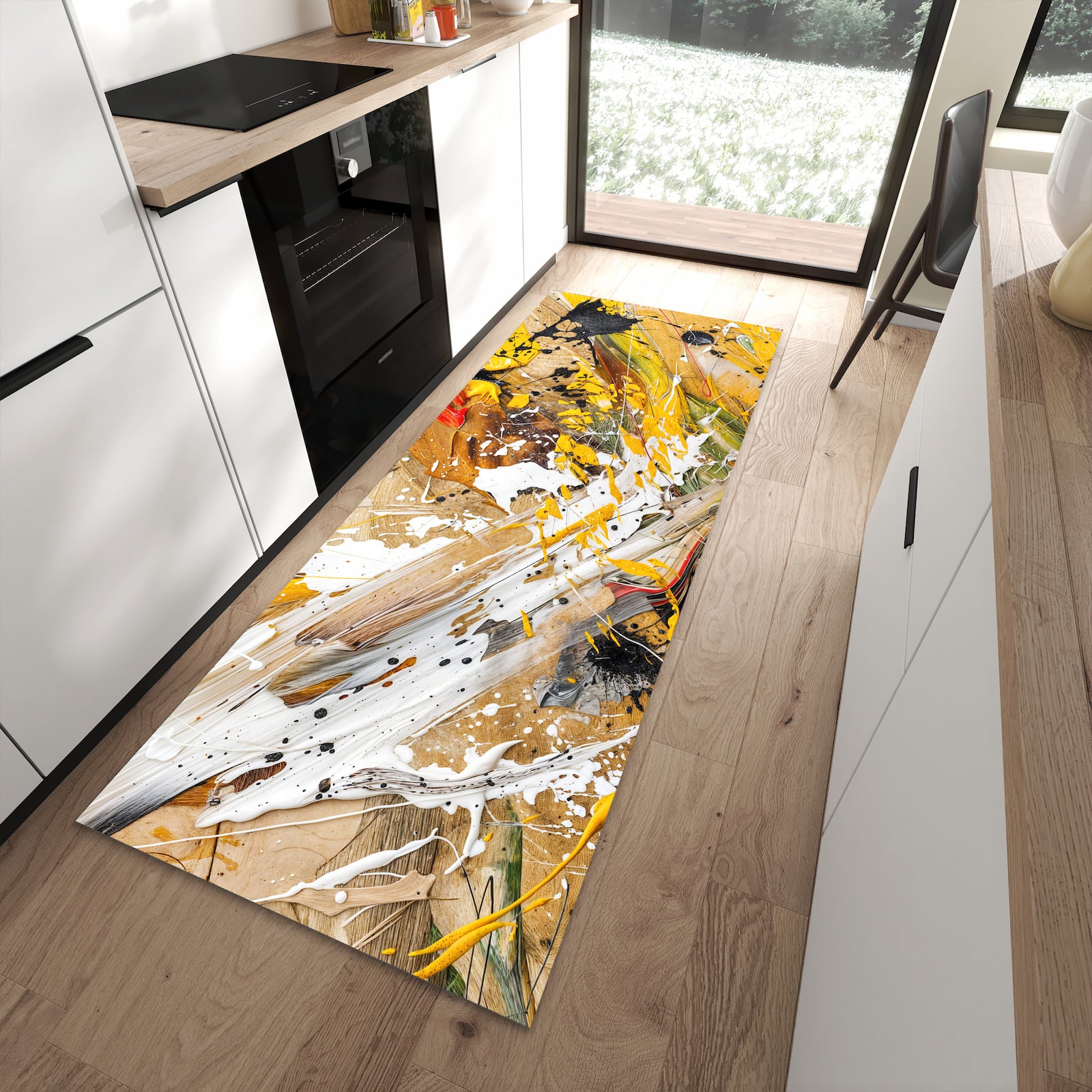 Rutschfester Küchenläufer mit Motiv Abstrakte Malerei in moderner Küche