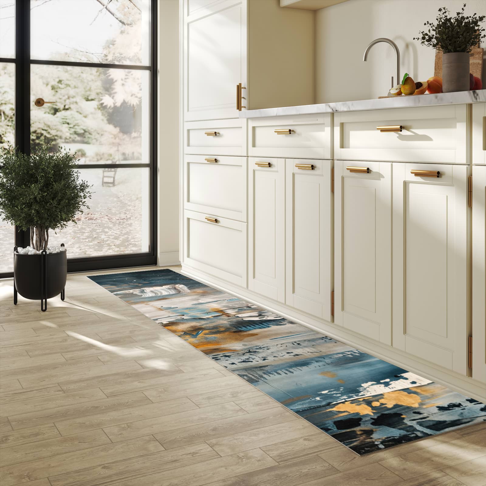 Bodenschonender Küchenteppich mit Motiv Abstrakte Kunstwerke in heller Küche