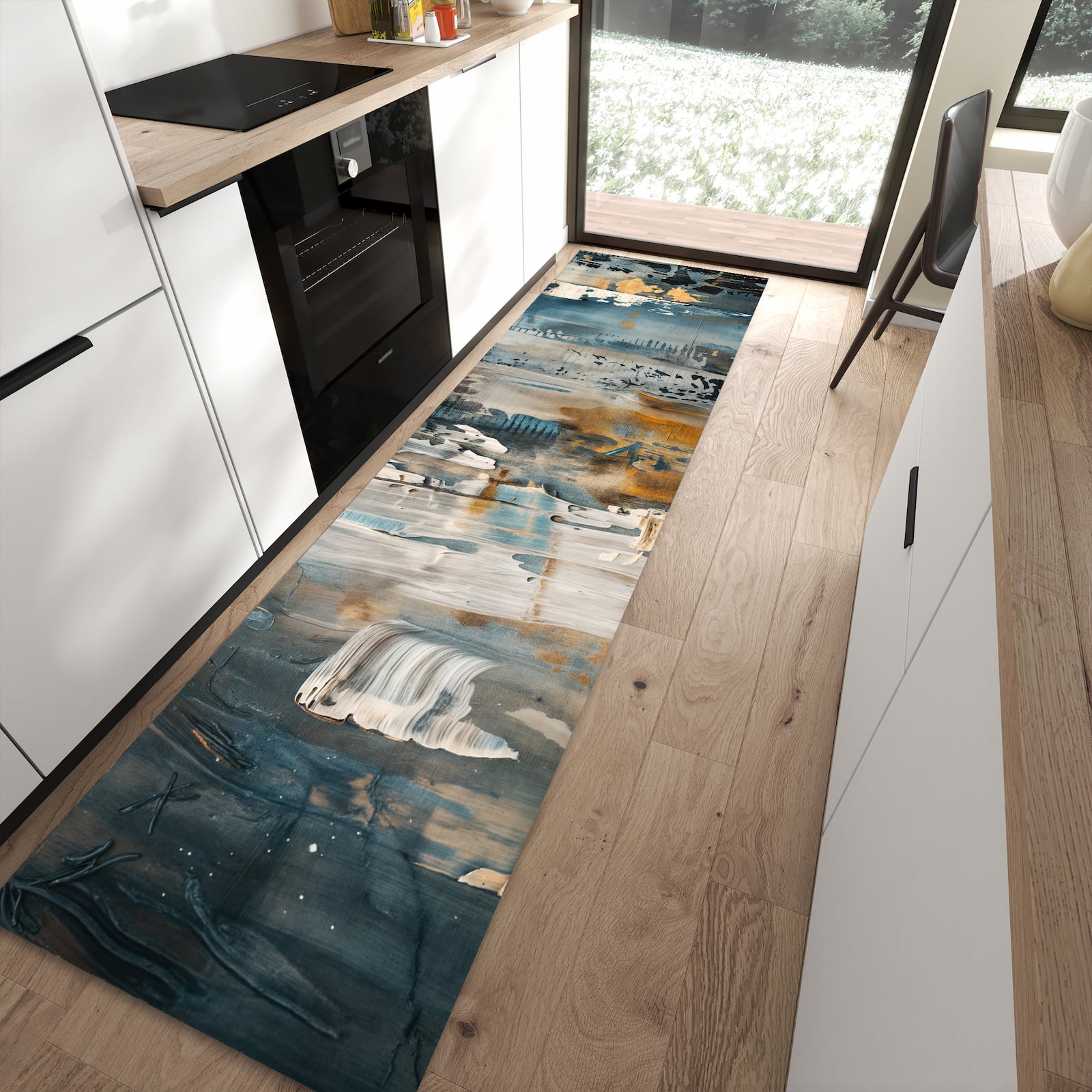 Formstabiler waschbarer Läufer für die Küche mit Motiv Abstrakte Kunstwerke in moderner Küche