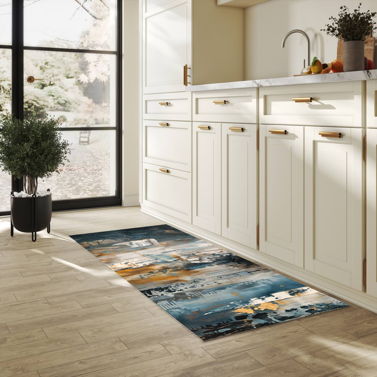 Bodenschonender rutschfester Küchenteppich mit Motiv Abstrakte Kunstwerke in heller Küche