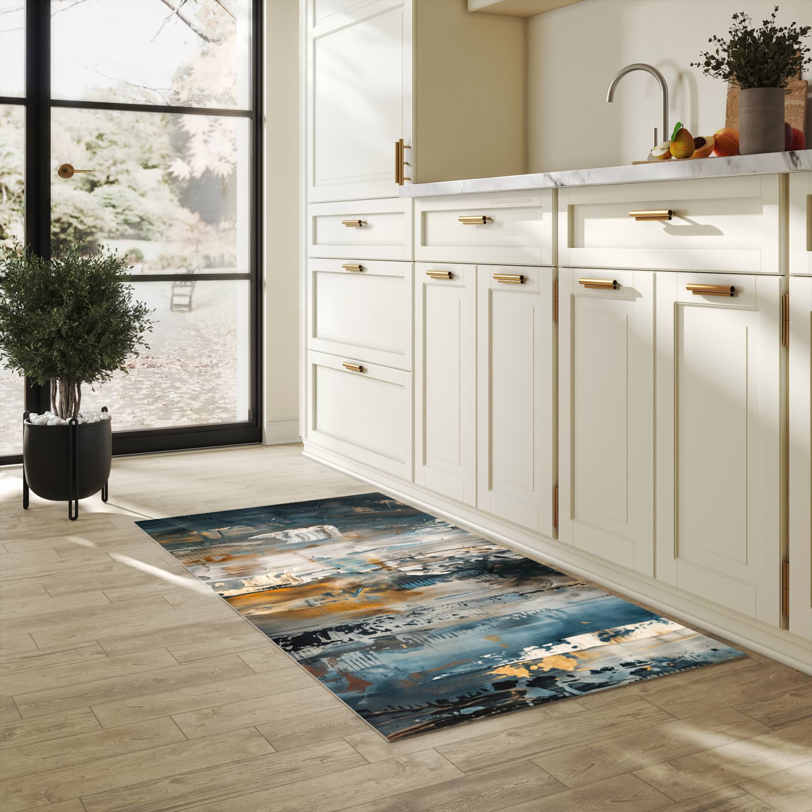 Zeitsparender großer Küchenteppich mit Motiv Abstrakte Kunstwerke in heller Küche