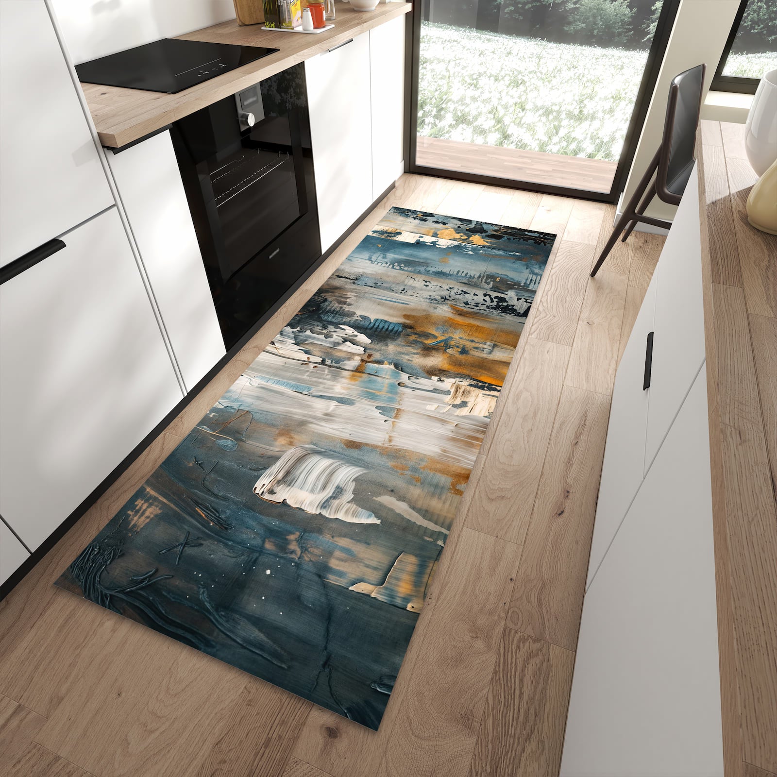 Zeitsparender langer Teppich mit Motiv Abstrakte Kunstwerke in moderner Küche