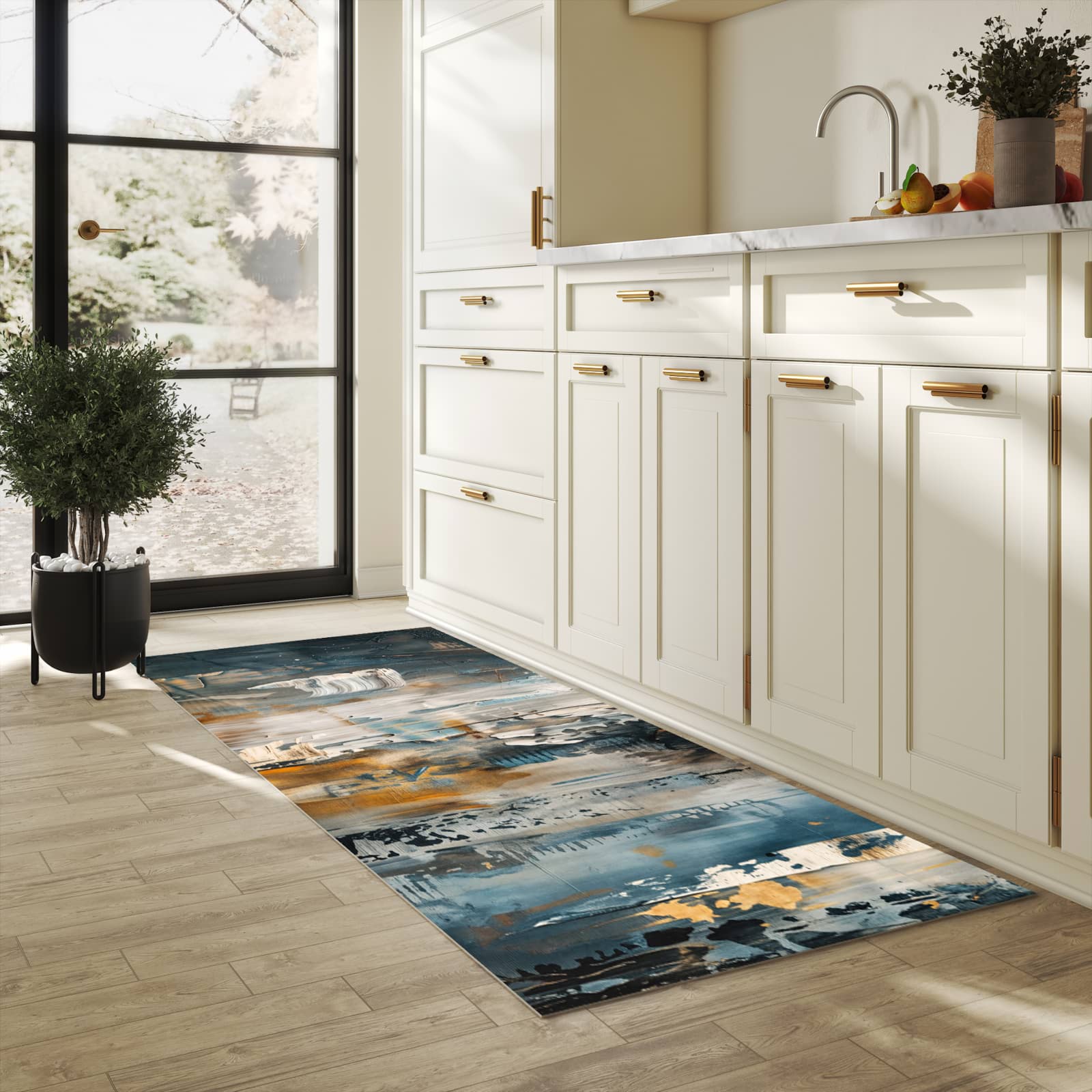 Geräuschdämpfender rutschfester Küchenteppich mit Motiv Abstrakte Kunstwerke in heller Küche