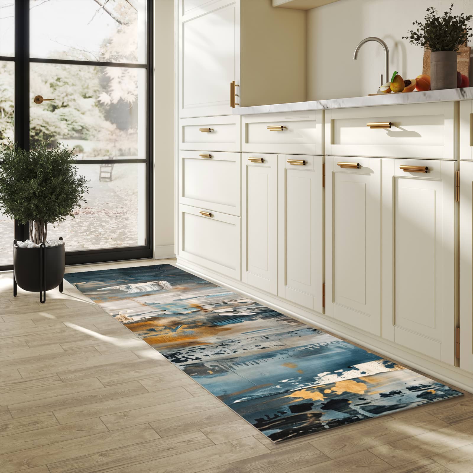 Formstabiler waschbarer Küchenteppich mit Motiv Abstrakte Kunstwerke in heller Küche