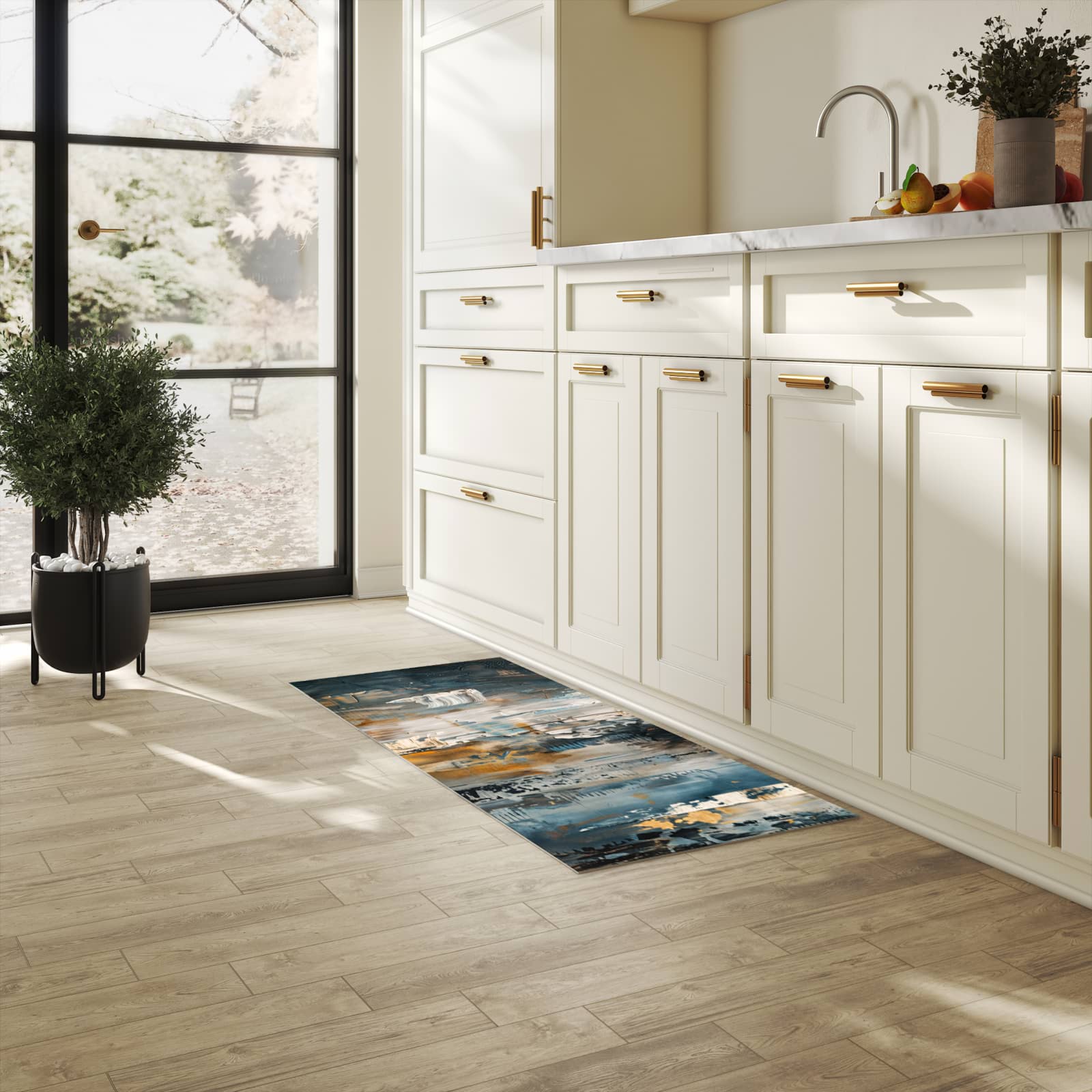 Waschbarer rutschfester Küchenteppich mit Motiv Abstrakte Kunstwerke in heller Küche