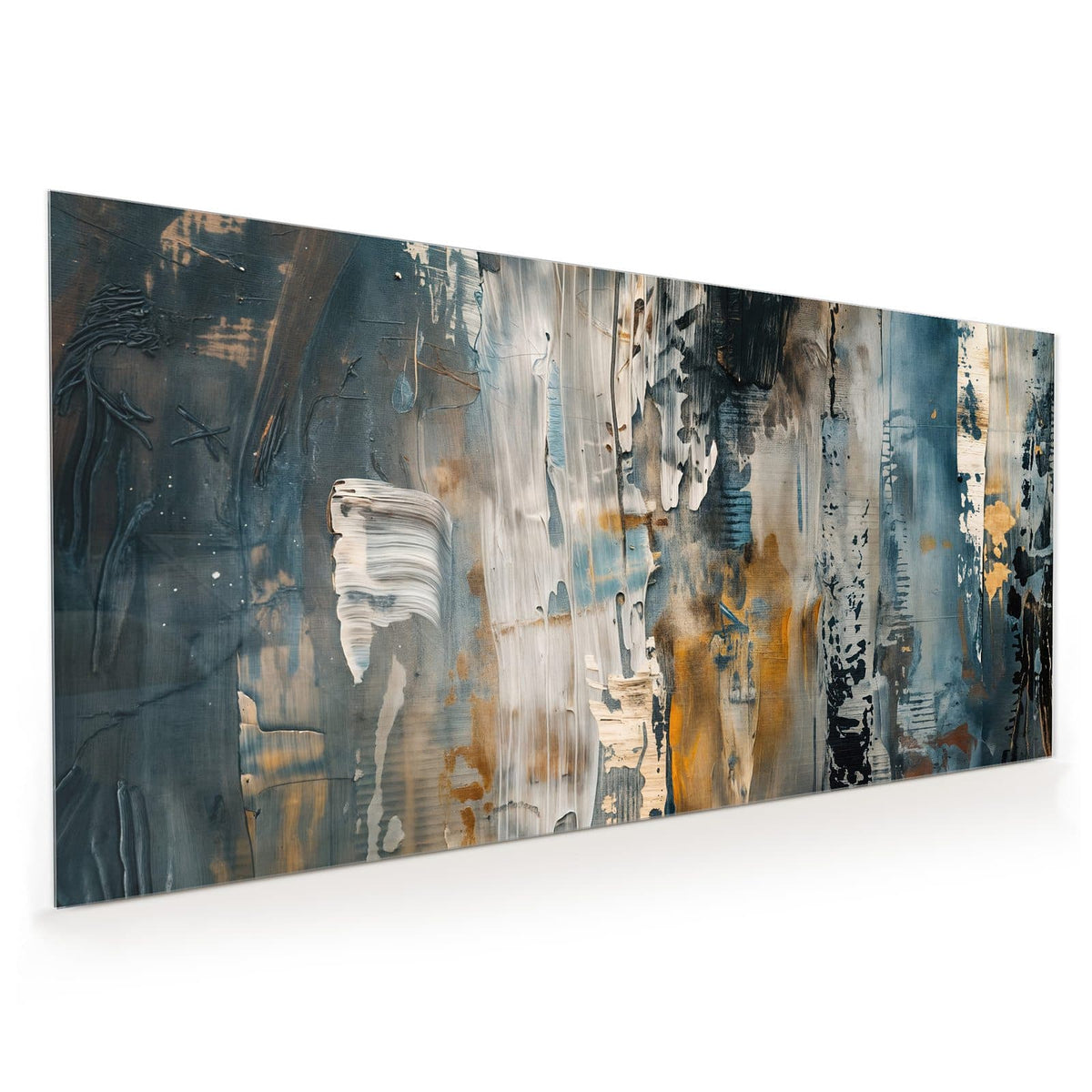 Küchenrückwand aus Glas im Hochformat mit Motiv Blaue Farbschichten: Grobe gespachtelte Farbschichten in Blaugrau, Weiß und Ocker mit Rinnspuren