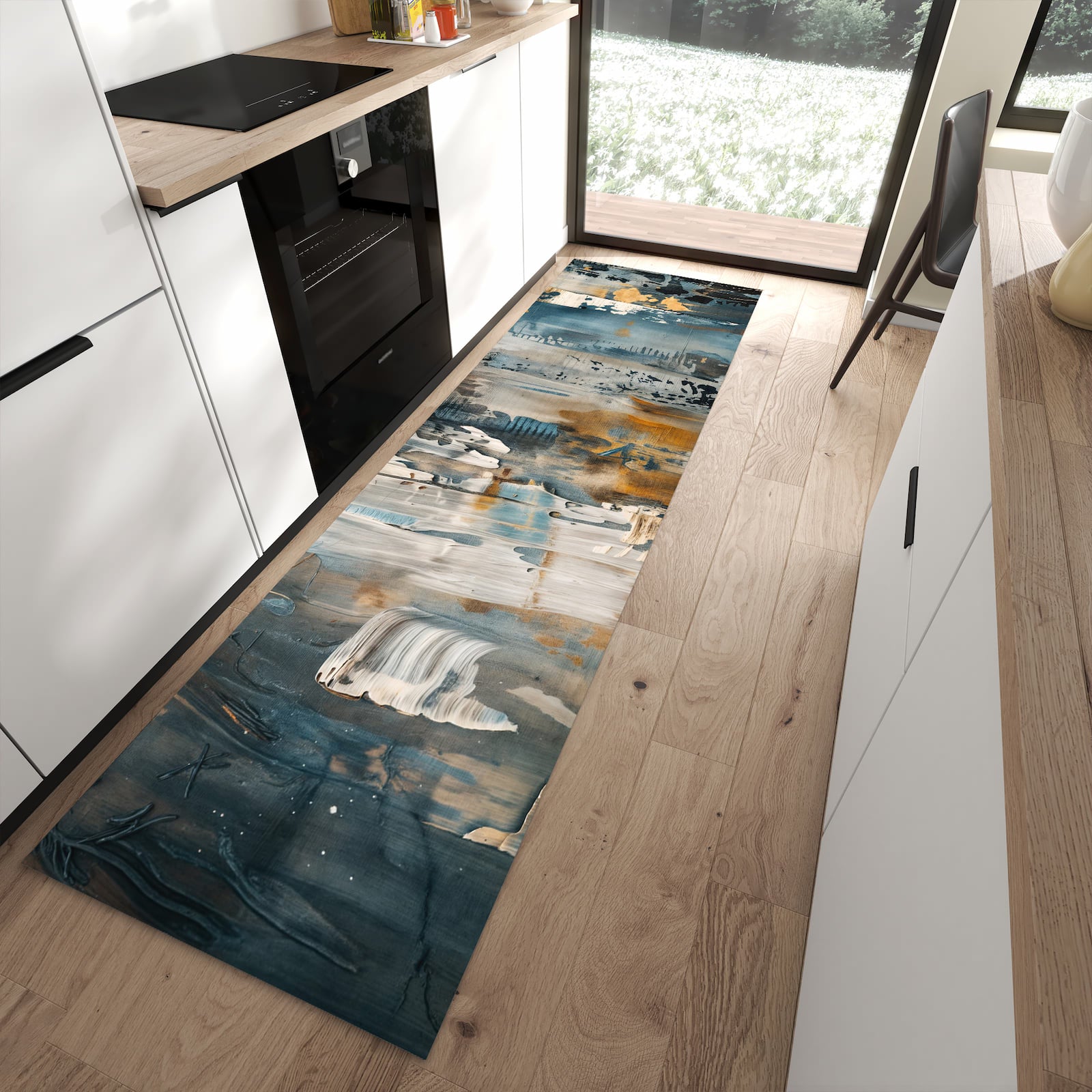 Farbbeständiger Teppichläufer mit Motiv Abstrakte Kunstwerke in moderner Küche