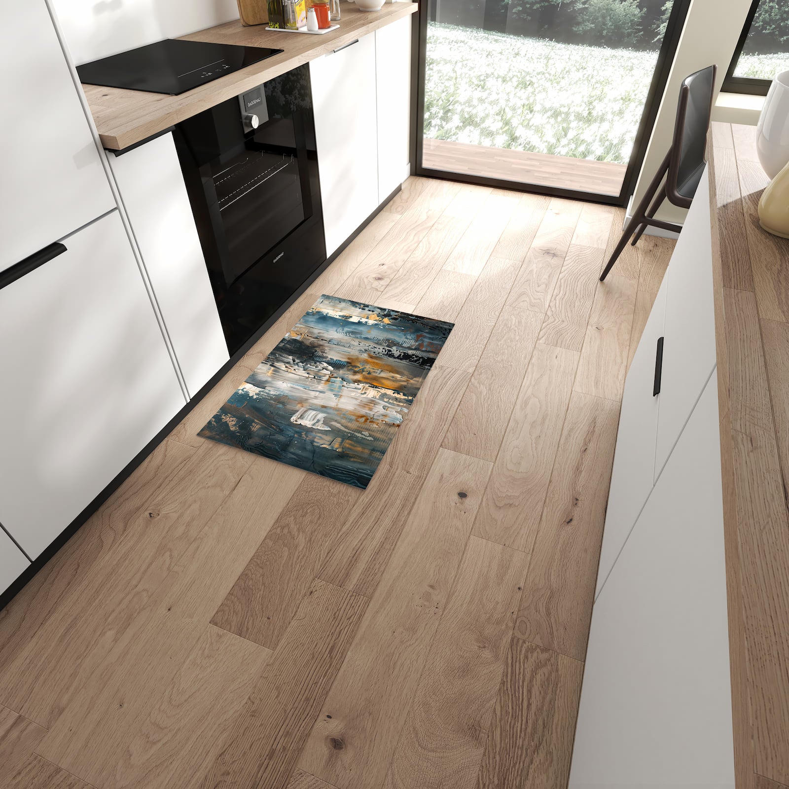 Bodenschonender Küchenteppich mit Motiv Abstrakte Kunstwerke in moderner Küche