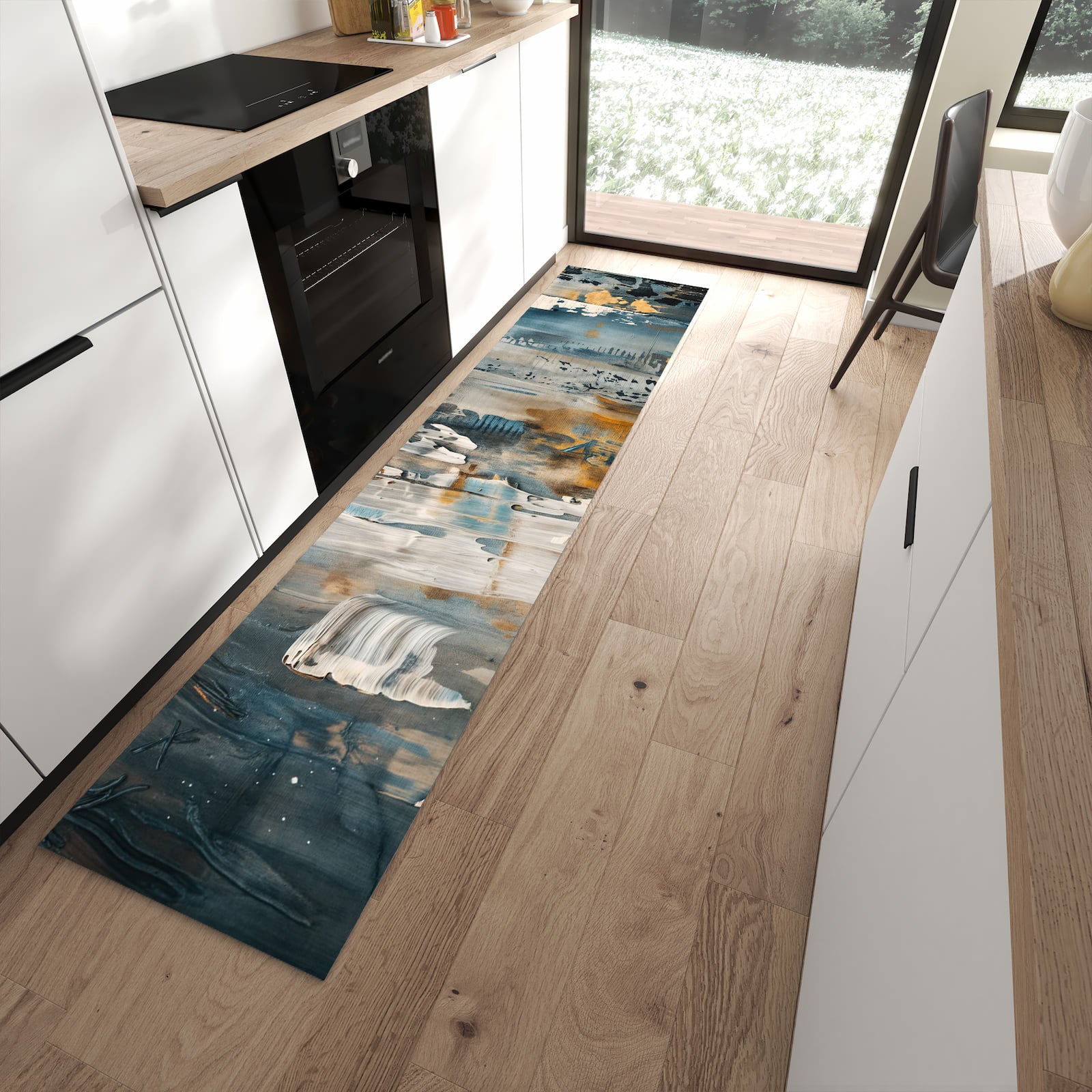 Rutschfester Küchenläufer mit Motiv Abstrakte Kunstwerke in moderner Küche