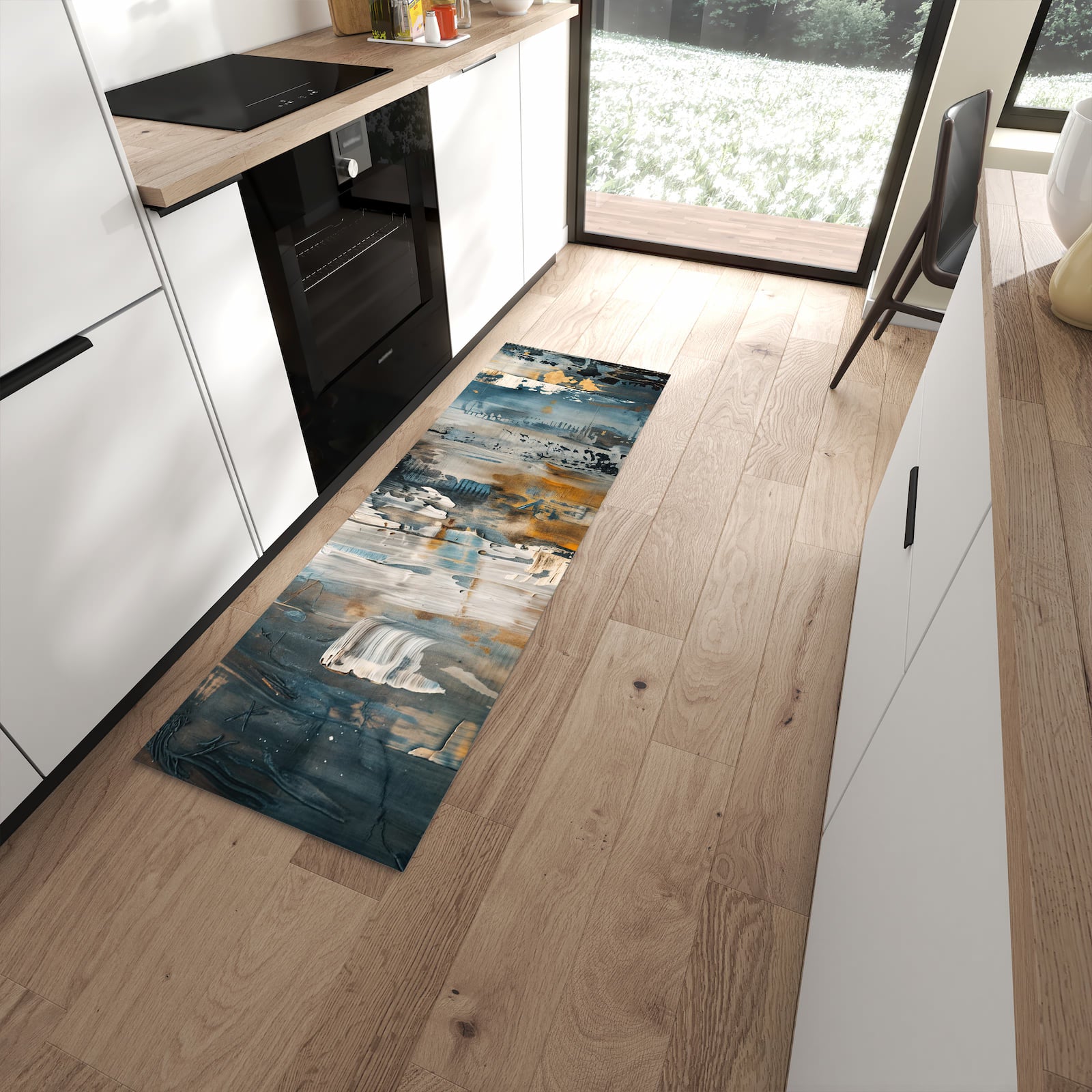 Waschbarer Küchenläufer mit Motiv Abstrakte Kunstwerke in moderner Küche