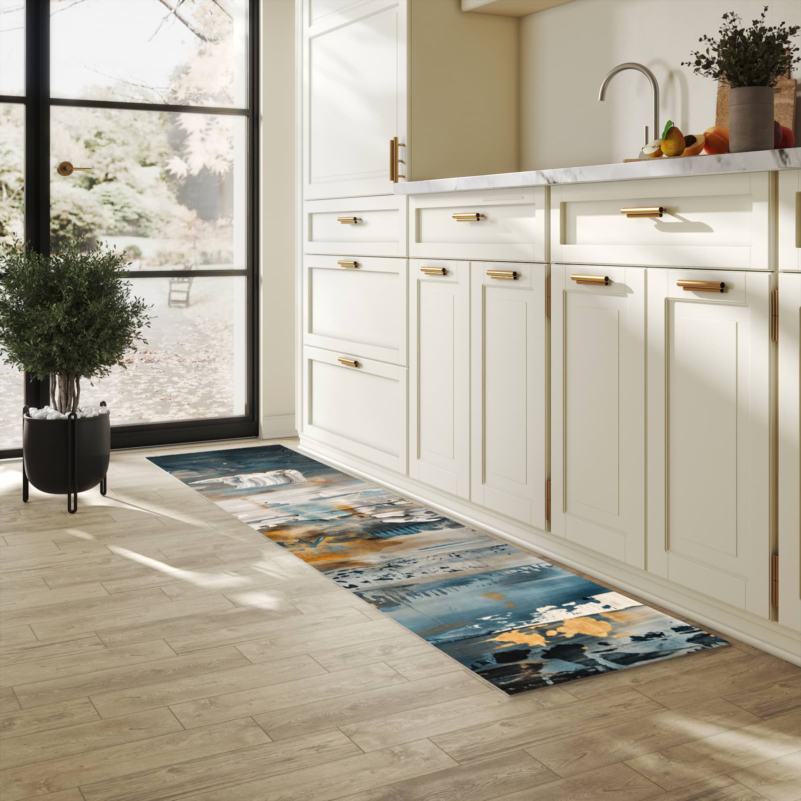 Feuchtigkeitsresistenter Küchenteppich mit Motiv Abstrakte Kunstwerke in heller Küche