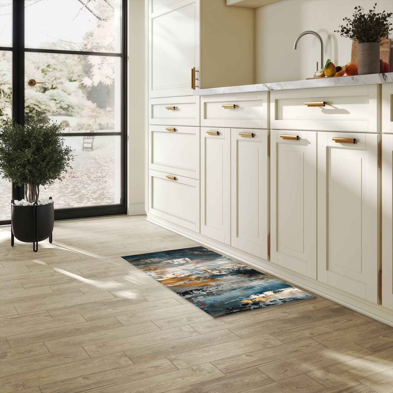 Strapazierfähiger Teppich für Esstisch mit Motiv Abstrakte Kunstwerke in heller Küche