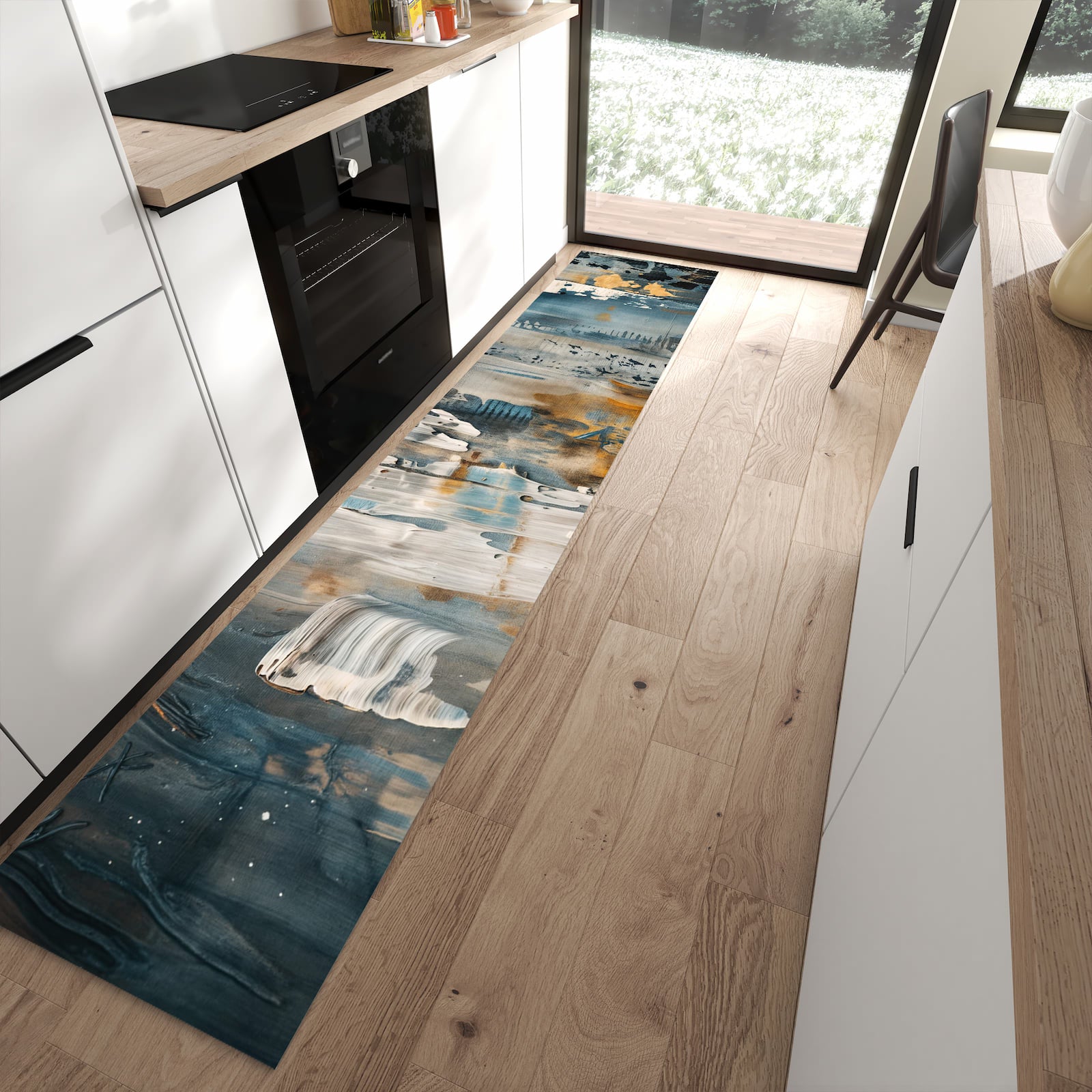 Feuchtigkeitsresistenter Küchenvorleger mit Motiv Abstrakte Kunstwerke in moderner Küche