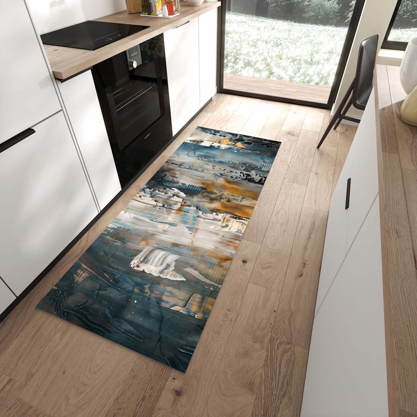 Ordnungsschaffender Küchenläufer mit Motiv Abstrakte Kunstwerke in moderner Küche