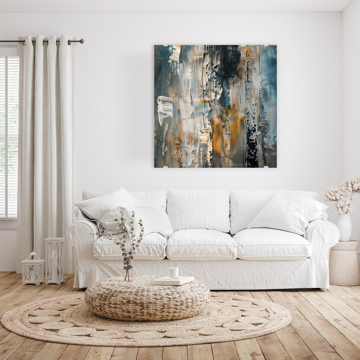 Glasbild Blaue Farbschichten an der Wand – Grobe gespachtelte Farbschichten in Blaugrau, Weiß und Ocker mit Rinnspuren