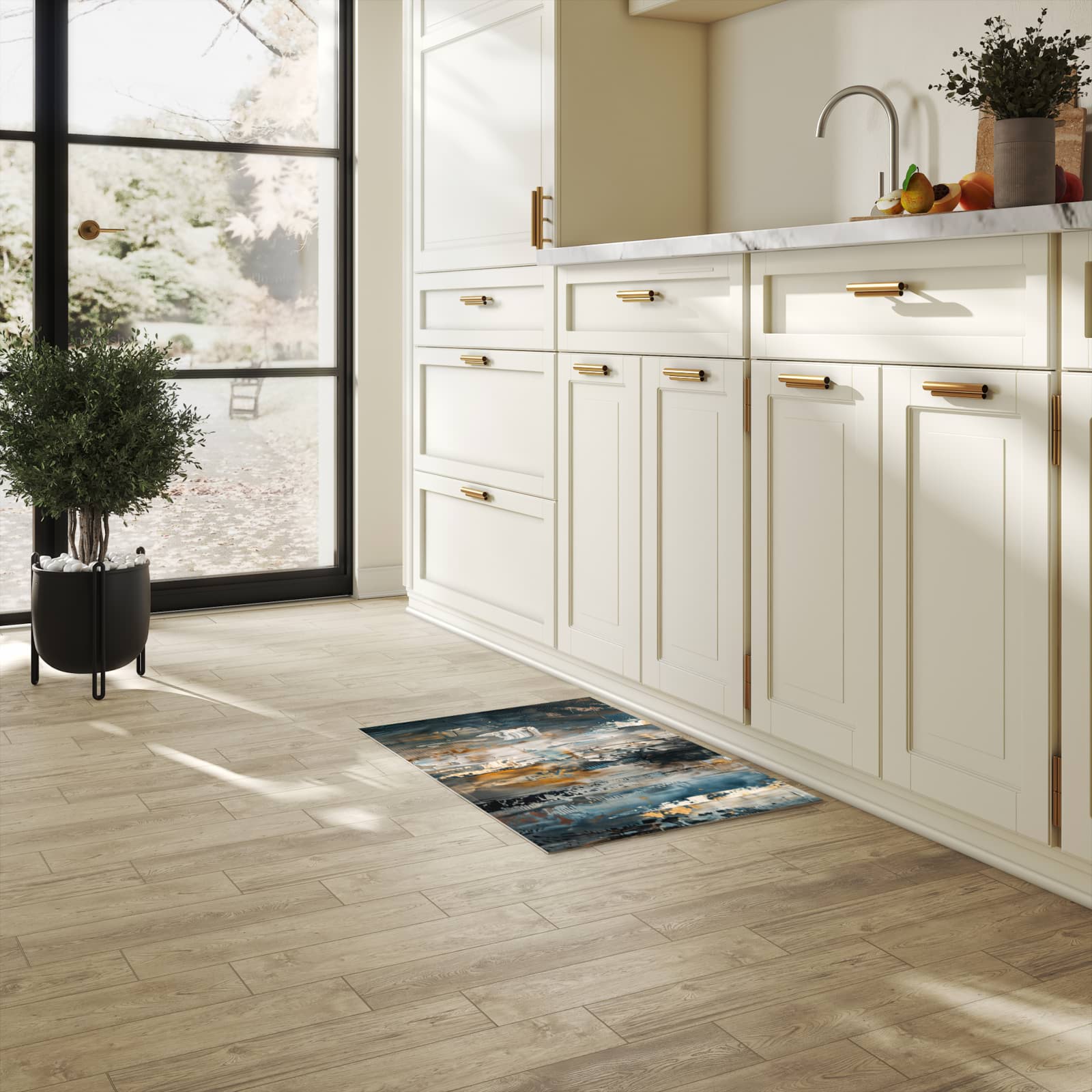 Küchenteppich mit Motiv Abstrakte Kunstwerke für Ordnung & Übersicht in heller Küche