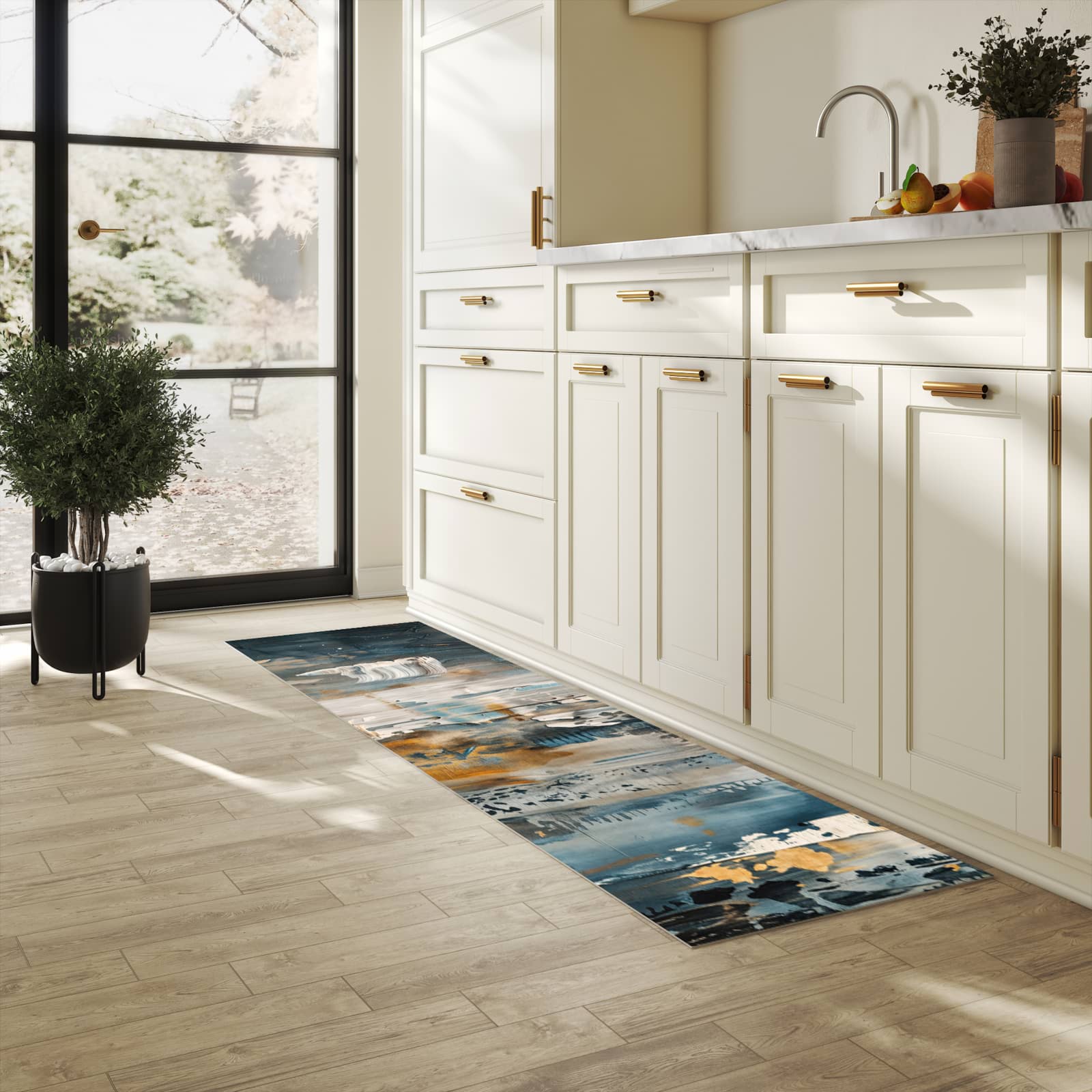 Rutschfester Bodenläufer-Teppich mit Motiv Abstrakte Kunstwerke in heller Küche
