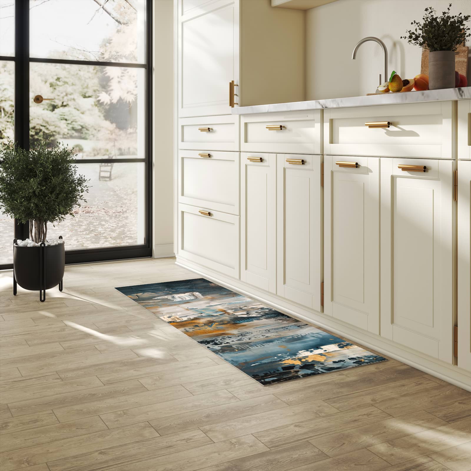 Langlebiger Bodenläufer mit Motiv Abstrakte Kunstwerke in heller Küche