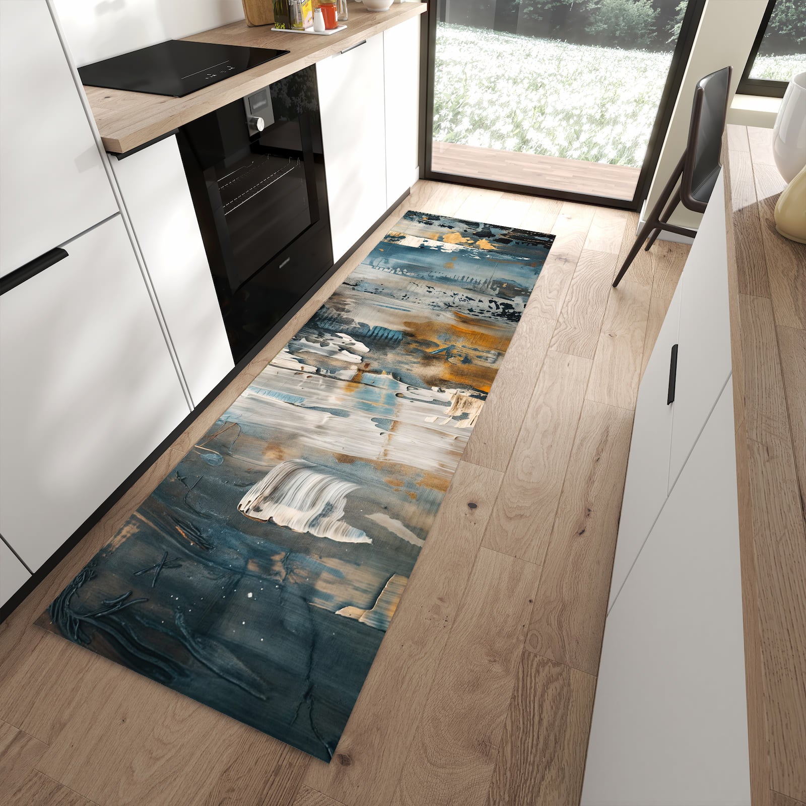 Bodenschonender Küchenläufer mit Motiv Abstrakte Kunstwerke in moderner Küche