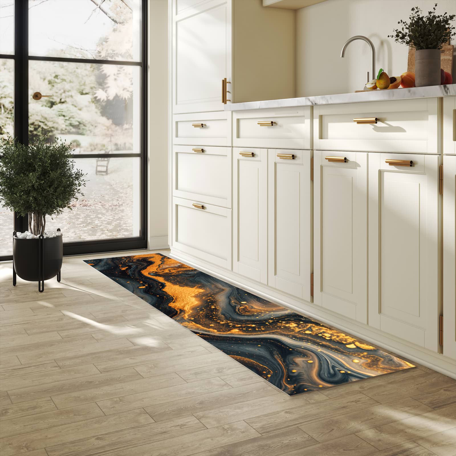 Geruchsneutraler waschbarer Läufer für die Küche mit Motiv Abstrakter Wirbel in heller Küche