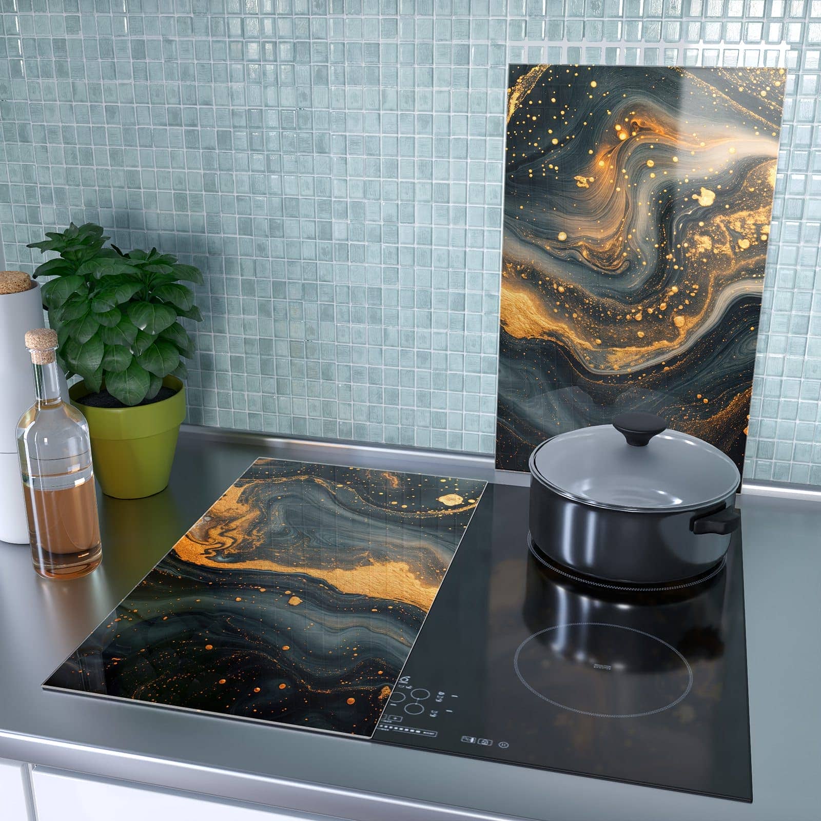2-teilige Abdeckplatten für Ceranfeld mit Abstrakter Wirbel-Motiv als Spritzschutz hinter dem Kochfeld