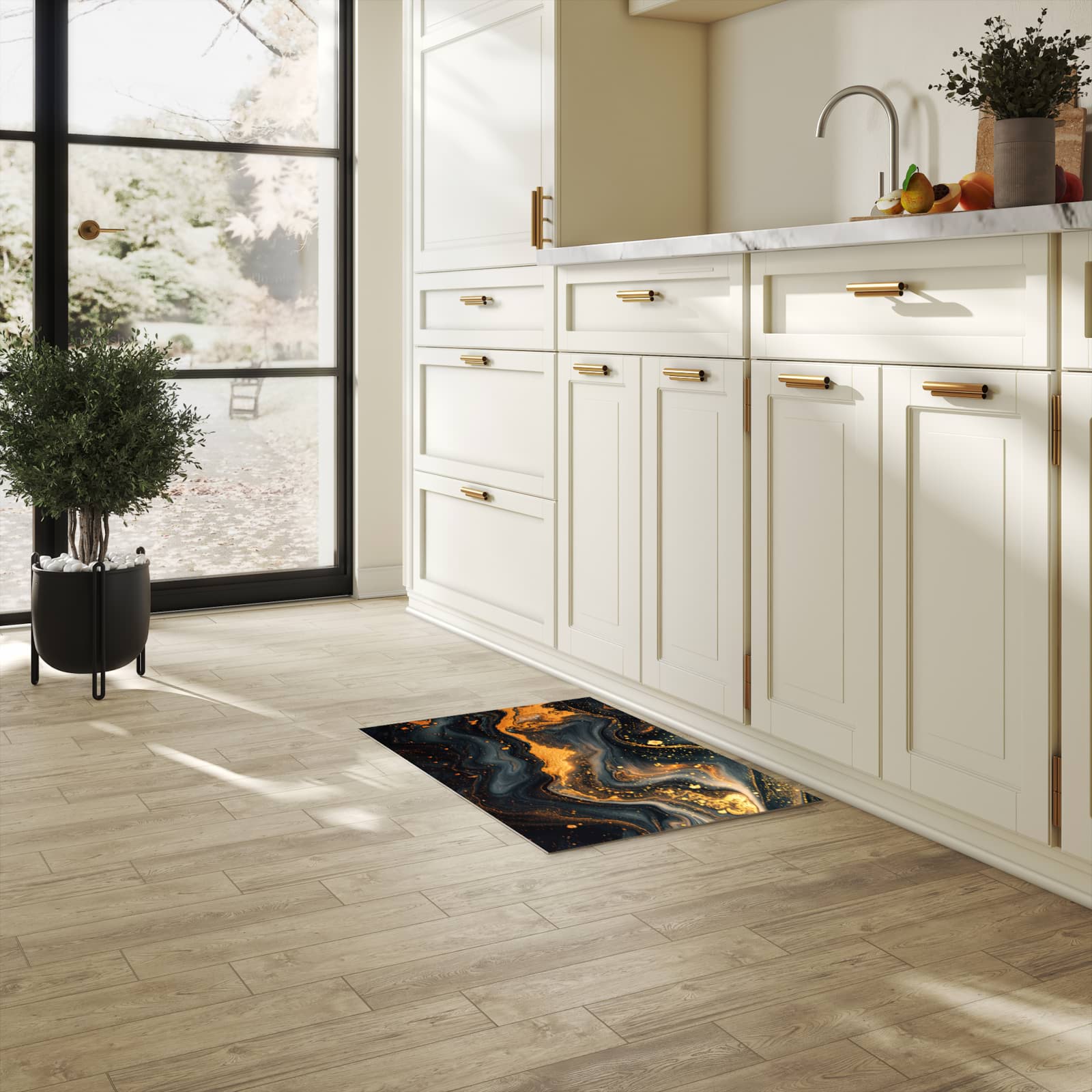 Flacher Küchenläufer mit Motiv Abstrakter Wirbel in heller Küche für lange Teppiche