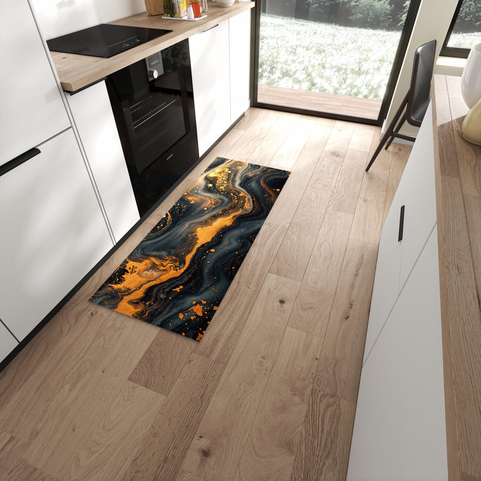 Komfortabler Küchenläufer nach Maß mit Motiv Abstrakter Wirbel in moderner Küche #grösse_60 x 150 cm