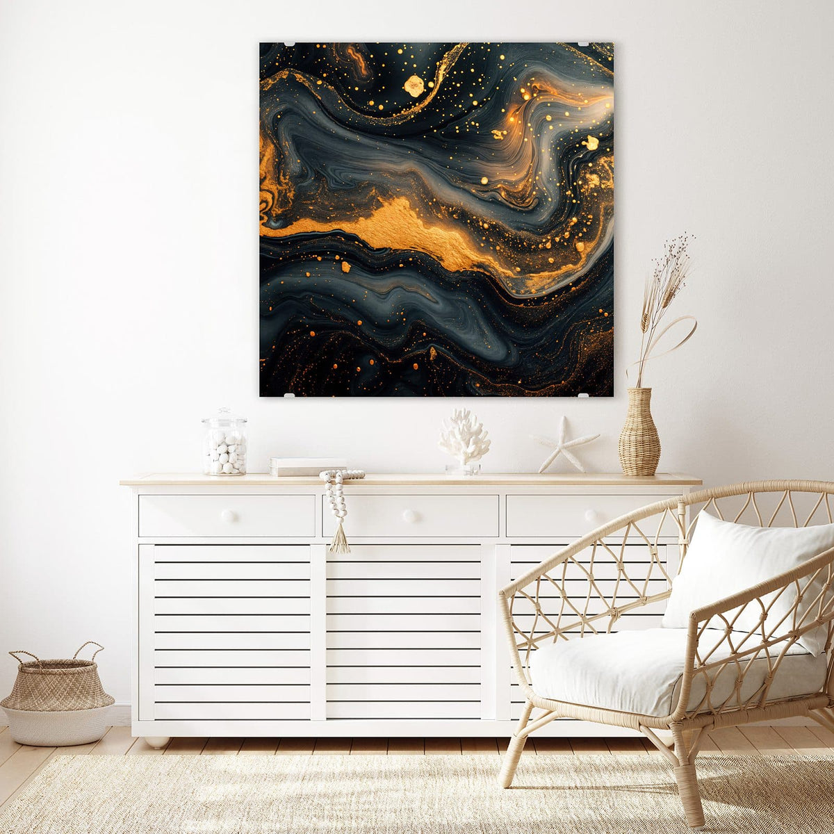 Echtglas, 4 mm – kein Acryl, keine Folie – Wandbild - Marmor mit Goldadern - Quadratisch