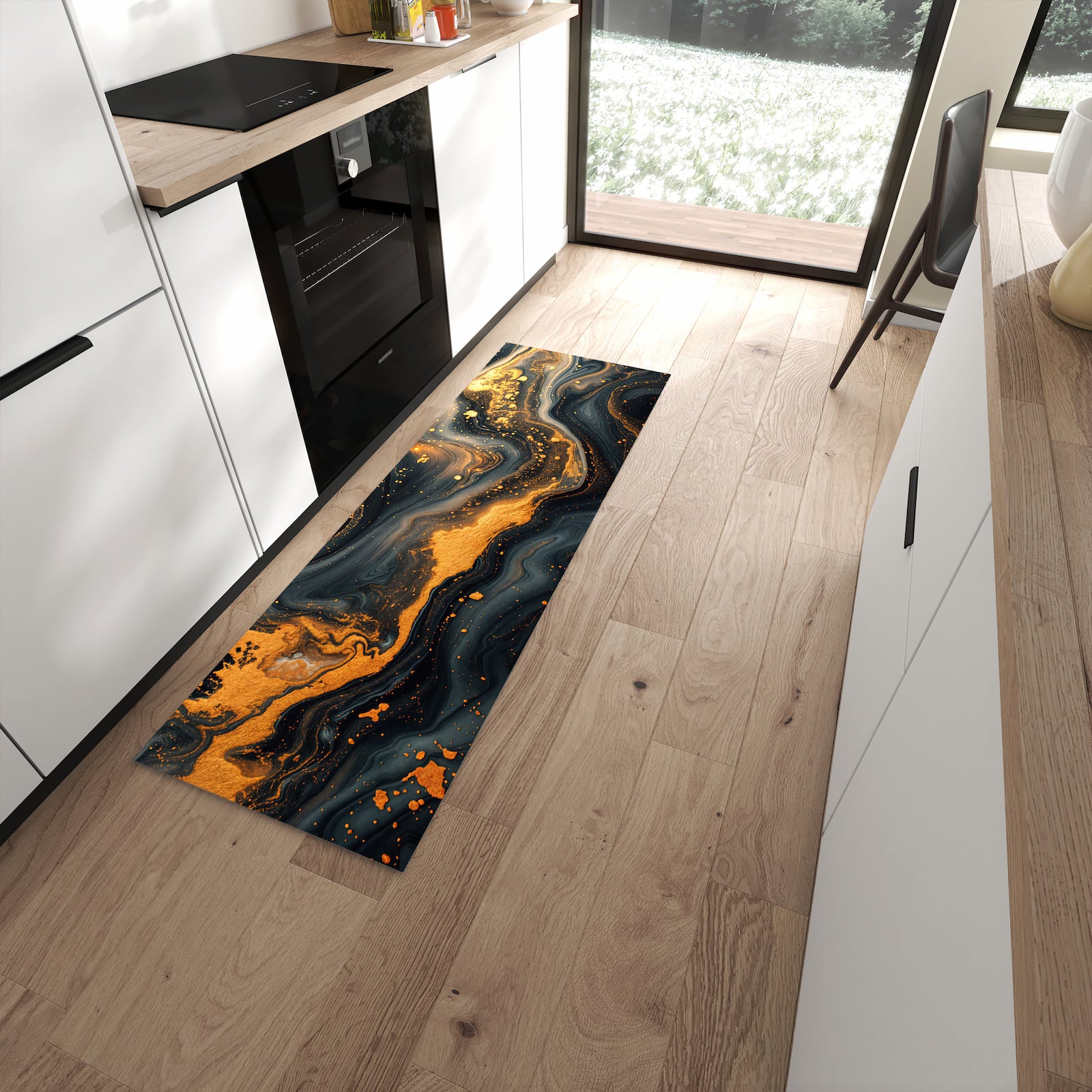 Wasserabweisender Küchenläufer mit Motiv Abstrakter Wirbel in moderner Küche