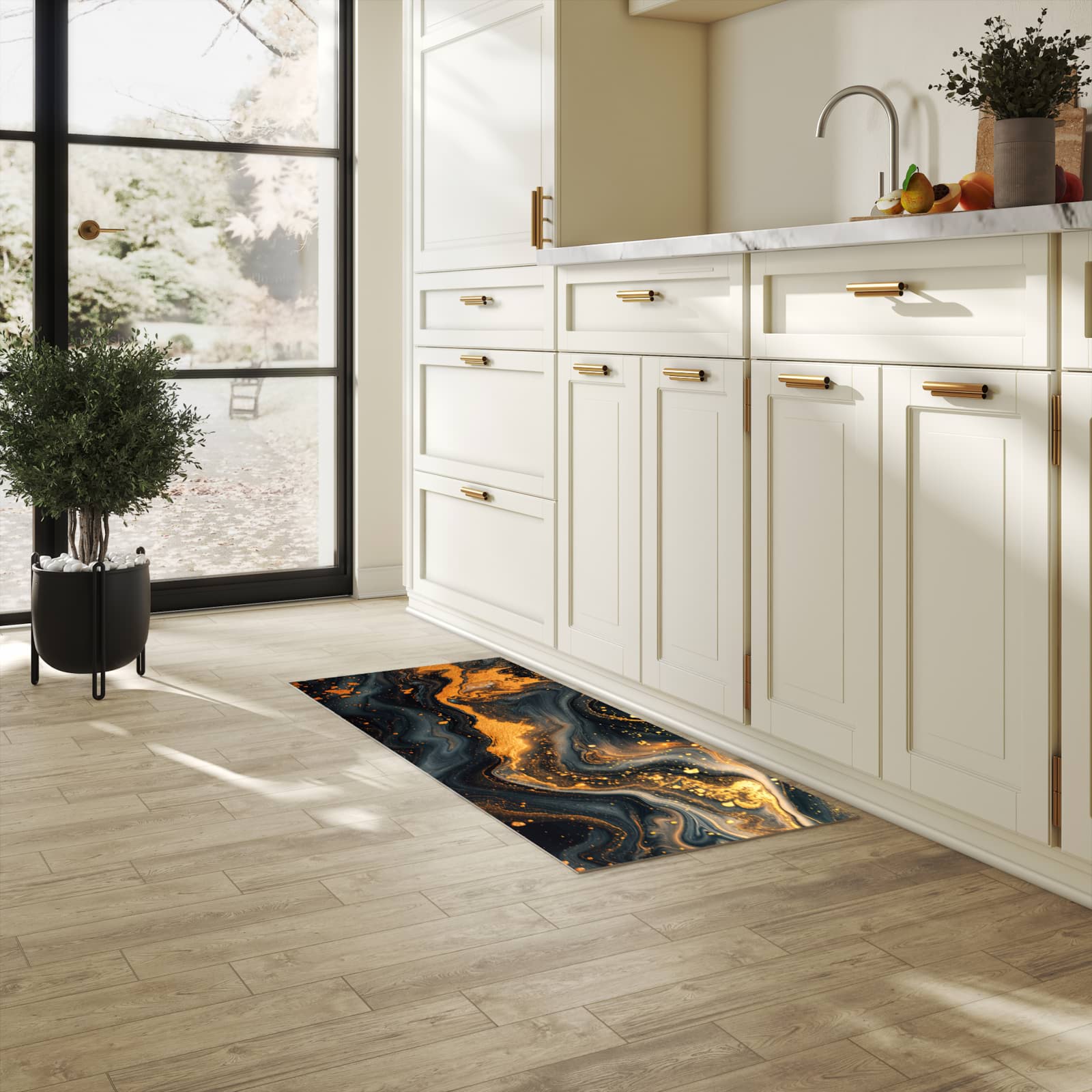 Wasserabweisender Küchenläufer mit Motiv Abstrakter Wirbel in heller Küche