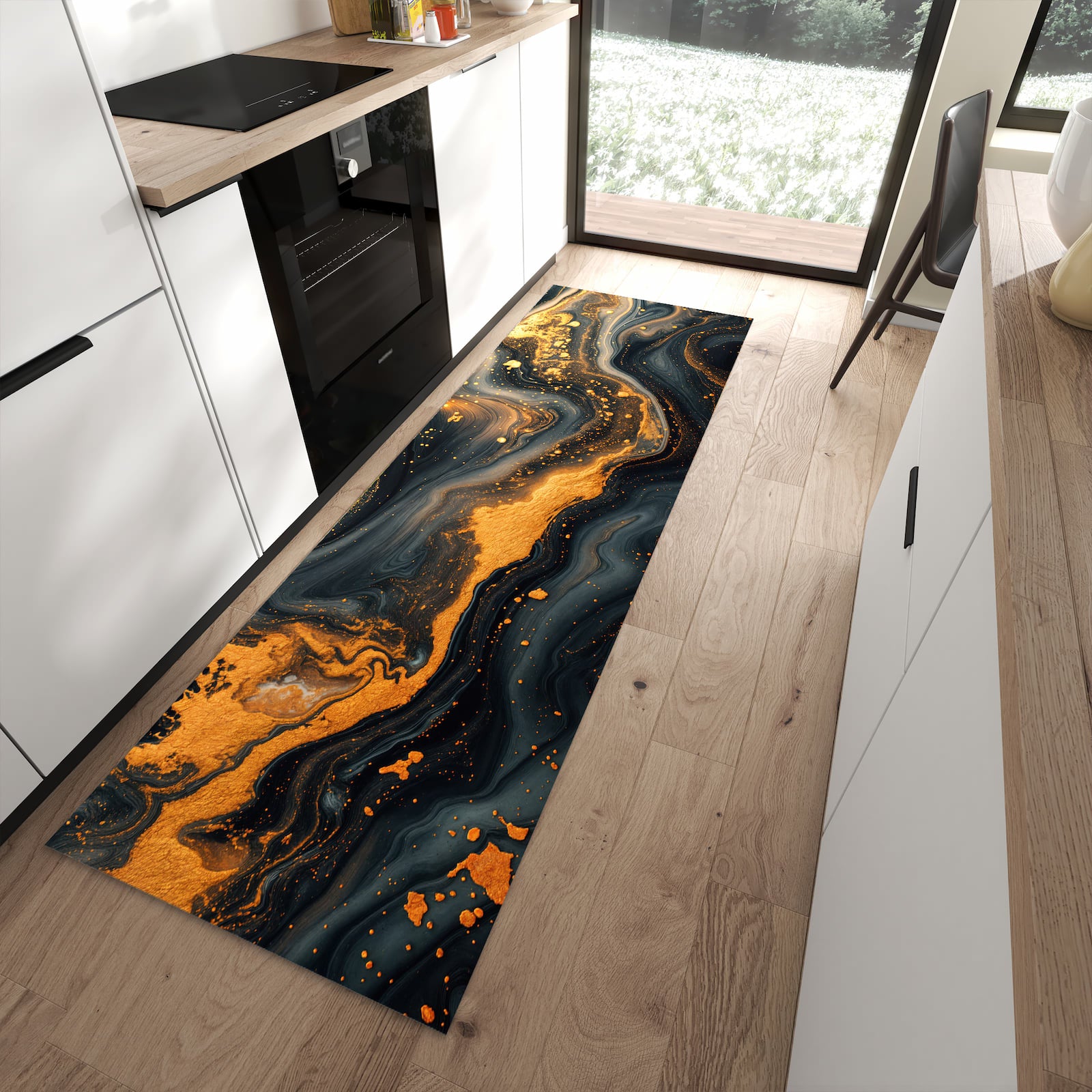 Pflegeleichter Teppich für Küche mit Motiv Abstrakter Wirbel in moderner Küche