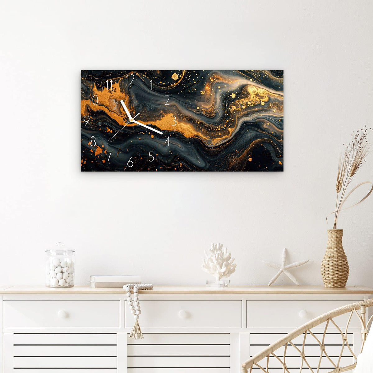 Wanduhr Abstrakter Wirbel aus Glas – Querformat 60 × 30 cm – Schwarzer Marmor mit Goldadern