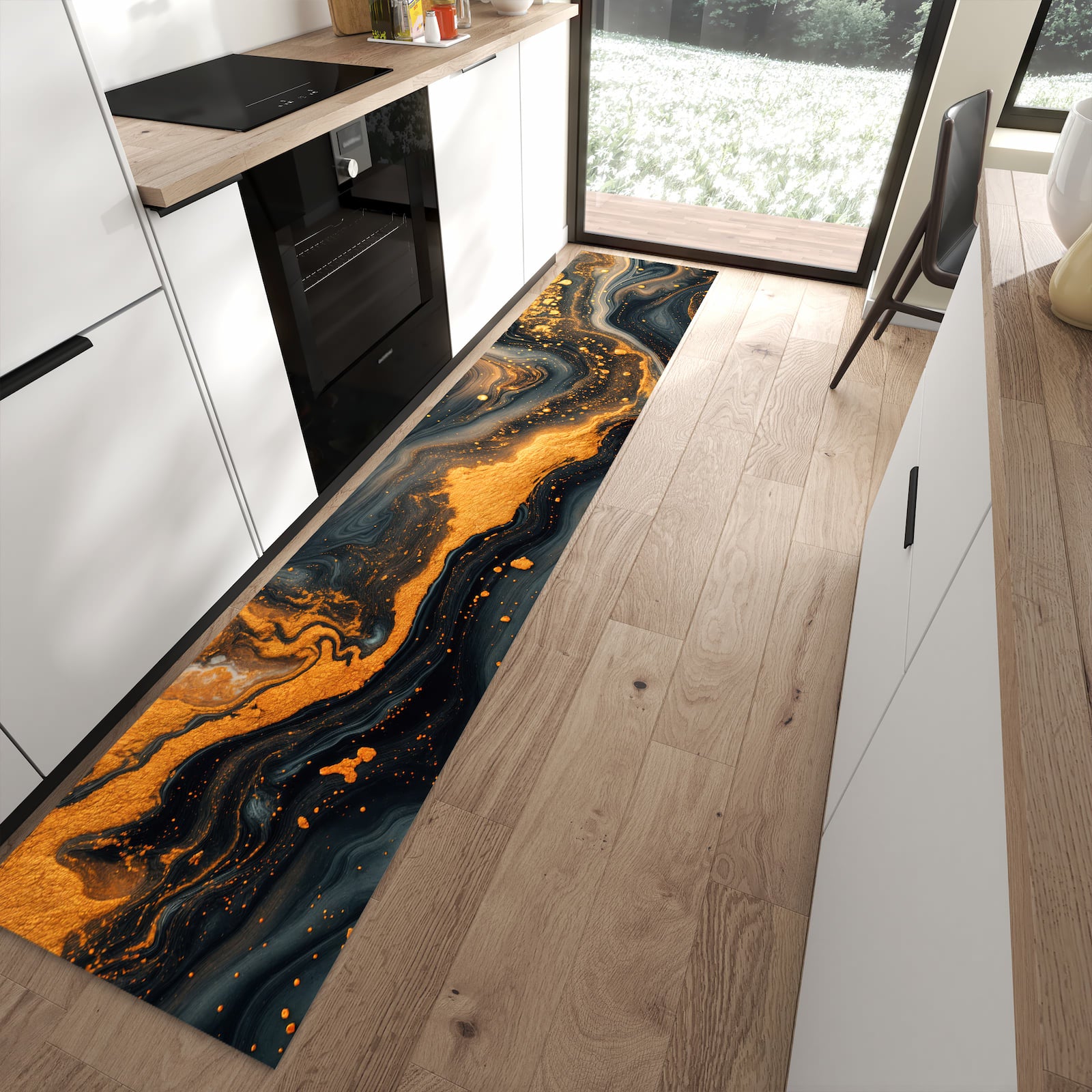 Geruchsneutraler abwaschbarer Küchenteppich mit Motiv Abstrakter Wirbel in moderner Küche