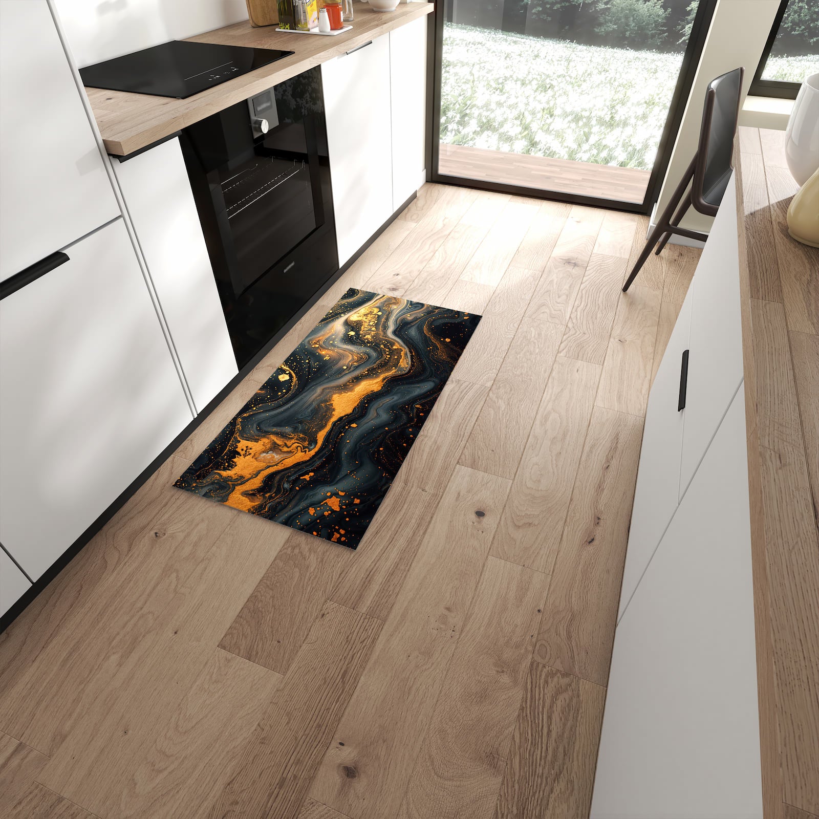 UV-beständiger Küchenläufer mit Motiv Abstrakter Wirbel in moderner Küche #grösse_60 x 120 cm