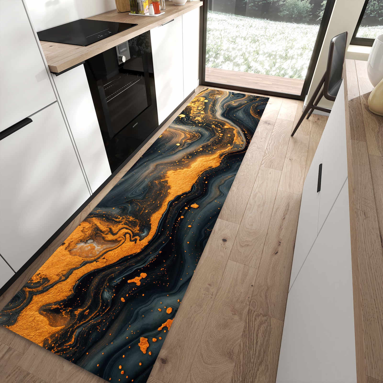 Rutschfester Küchenteppich mit Motiv Abstrakter Wirbel in moderner Küche