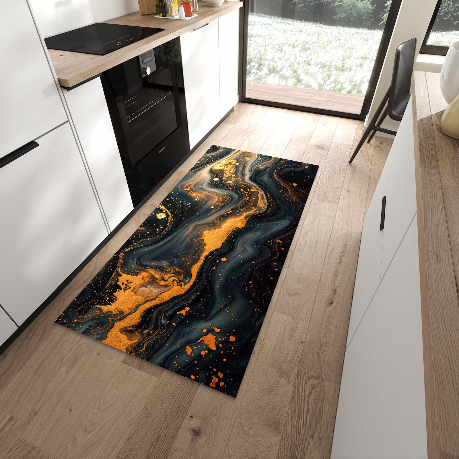 Pflegeleichter Küchenteppich mit Motiv Abstrakter Wirbel in moderner Küche