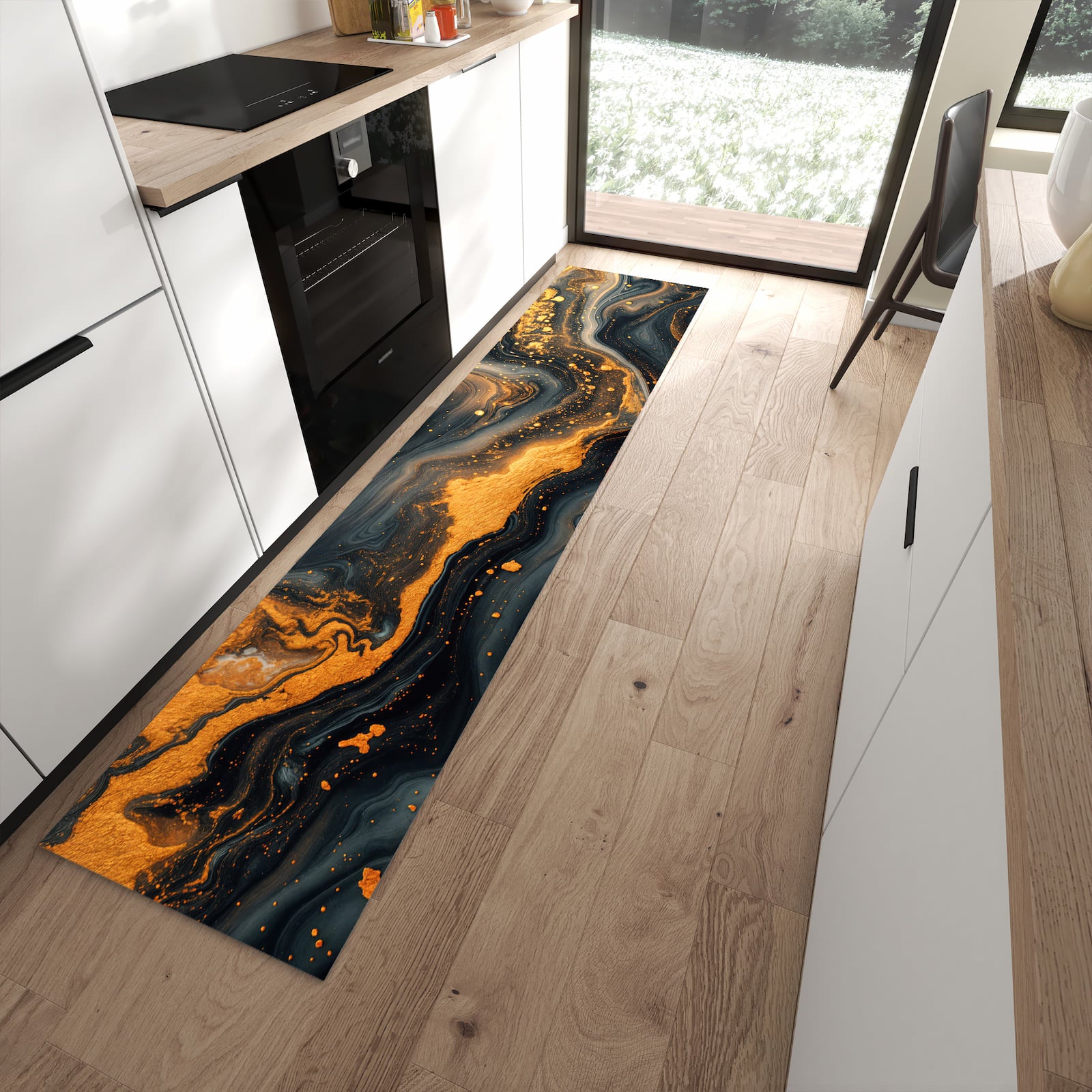 Schmutzabweisender Küchenläufer mit Motiv Abstrakter Wirbel in moderner Küche