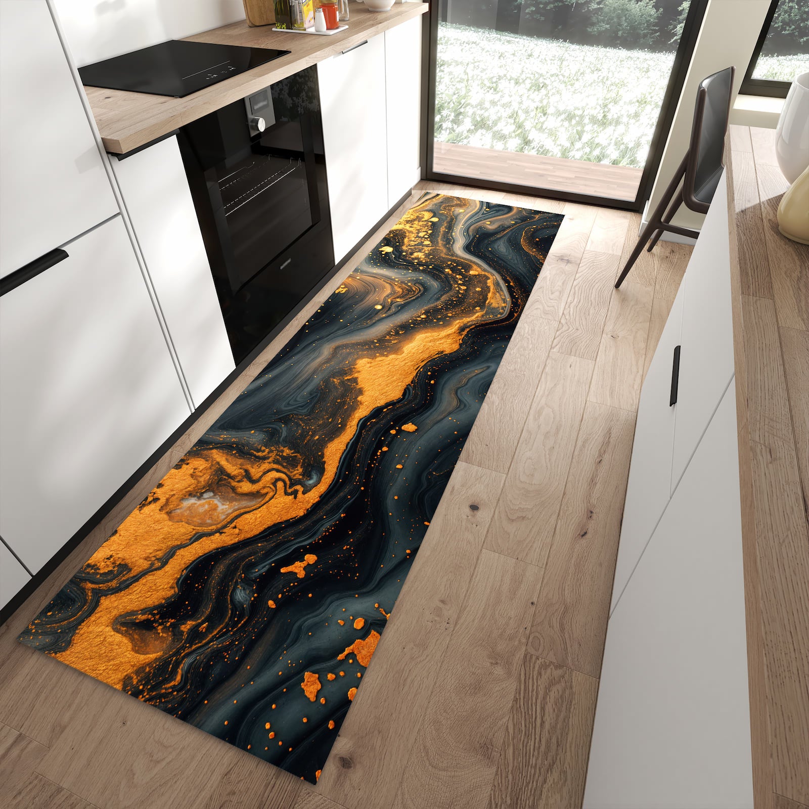 Komfortabler Küchenteppich mit Motiv Abstrakter Wirbel in moderner Küche