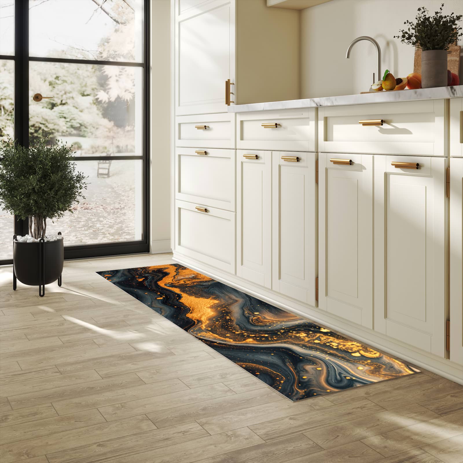 Schmutzabweisender Teppichläufer mit Motiv Abstrakter Wirbel in heller Küche
