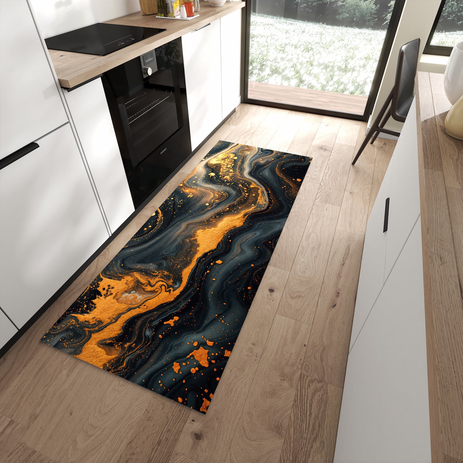 Flacher Küchenteppich mit Motiv Abstrakter Wirbel in moderner Küche