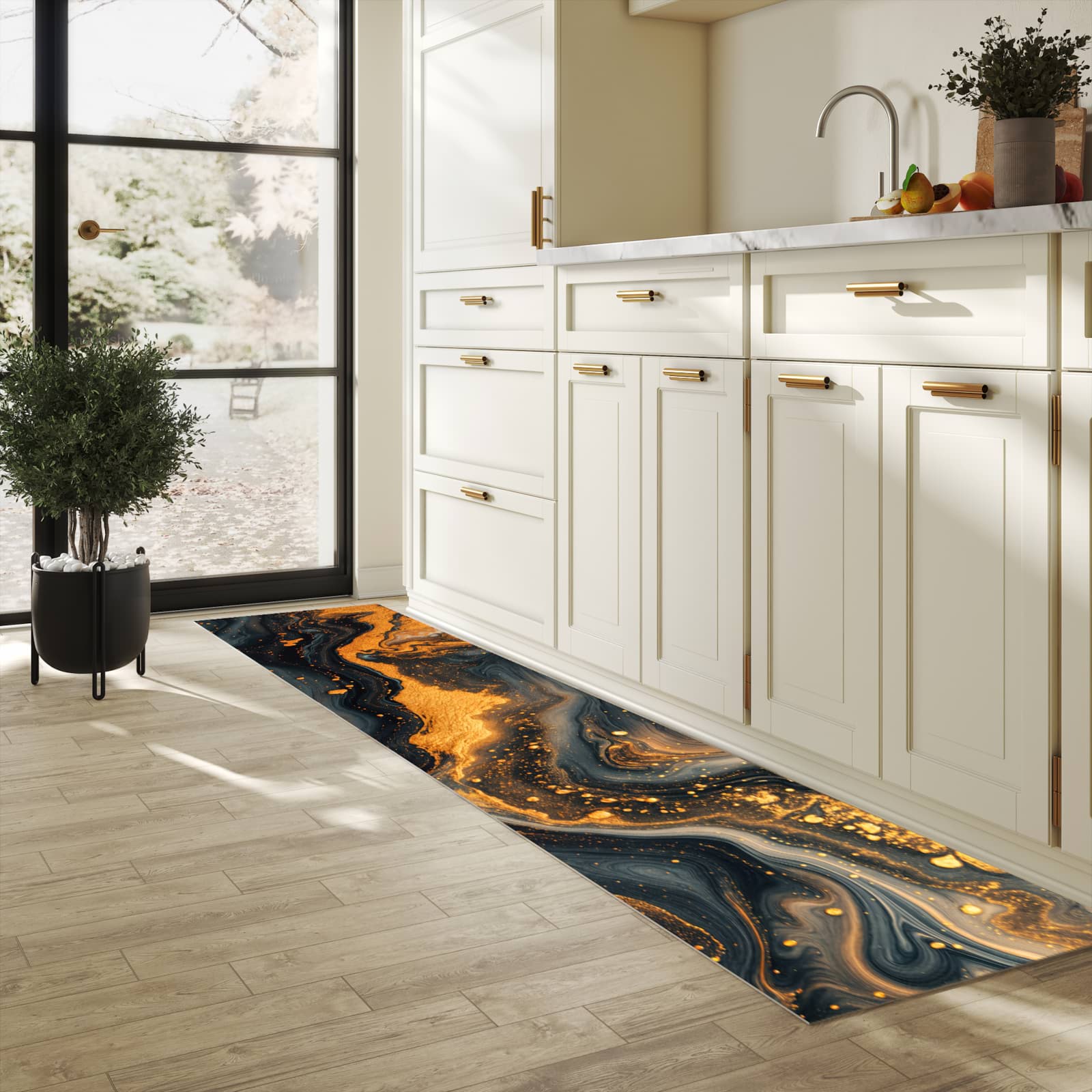 Langlebiger waschbarer Küchenläufer mit Motiv Abstrakter Wirbel in heller Küche