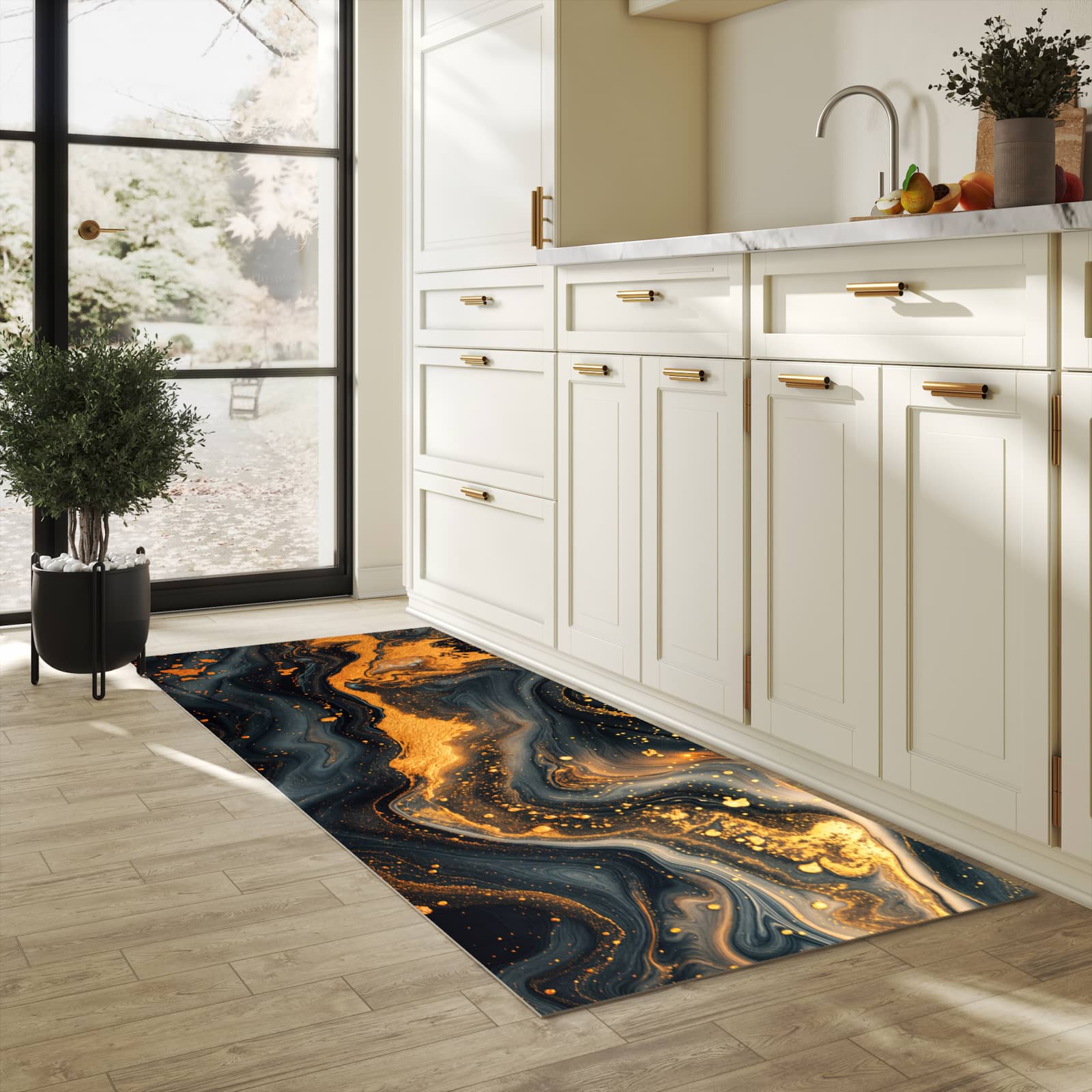 Hygienischer Teppich fürs Esszimmer mit Motiv Abstrakter Wirbel in heller Küche