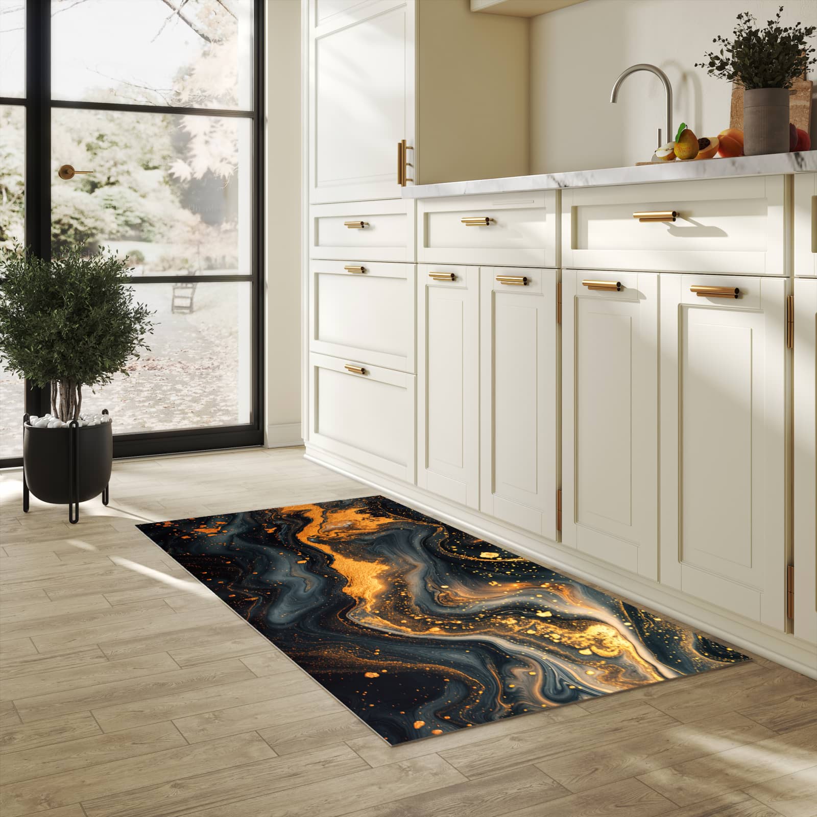 Dünner waschbarer Küchenteppich mit Motiv Abstrakter Wirbel für angenehme Haptik in heller Küche