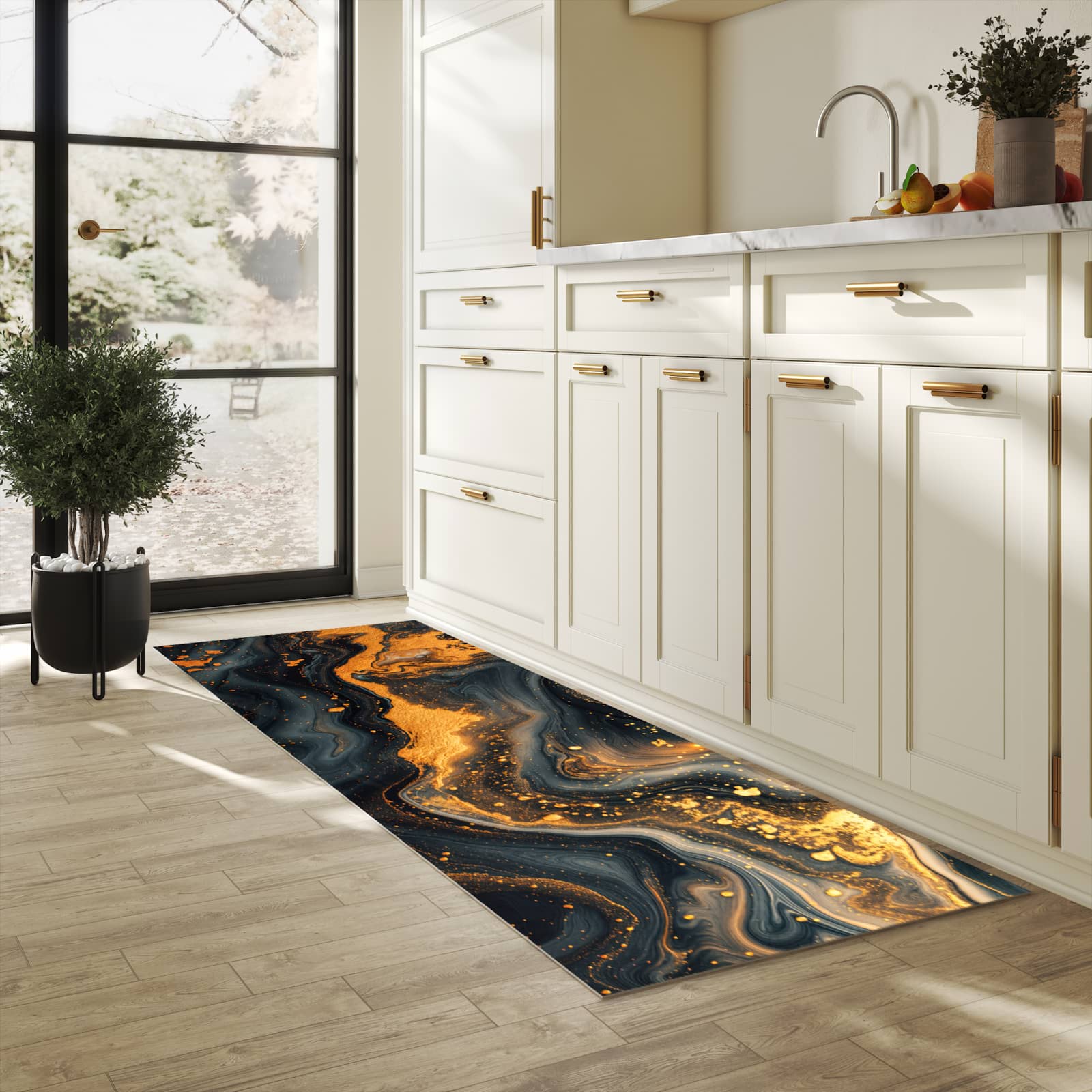Komfortabler Läufer mit Motiv Abstrakter Wirbel in heller Küche für rutschfesten Stand