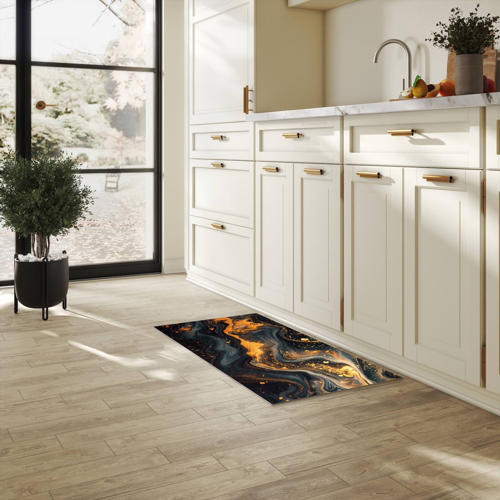 Waschbarer Küchenteppich mit Motiv Abstrakter Wirbel für Trittkomfort in heller Küche