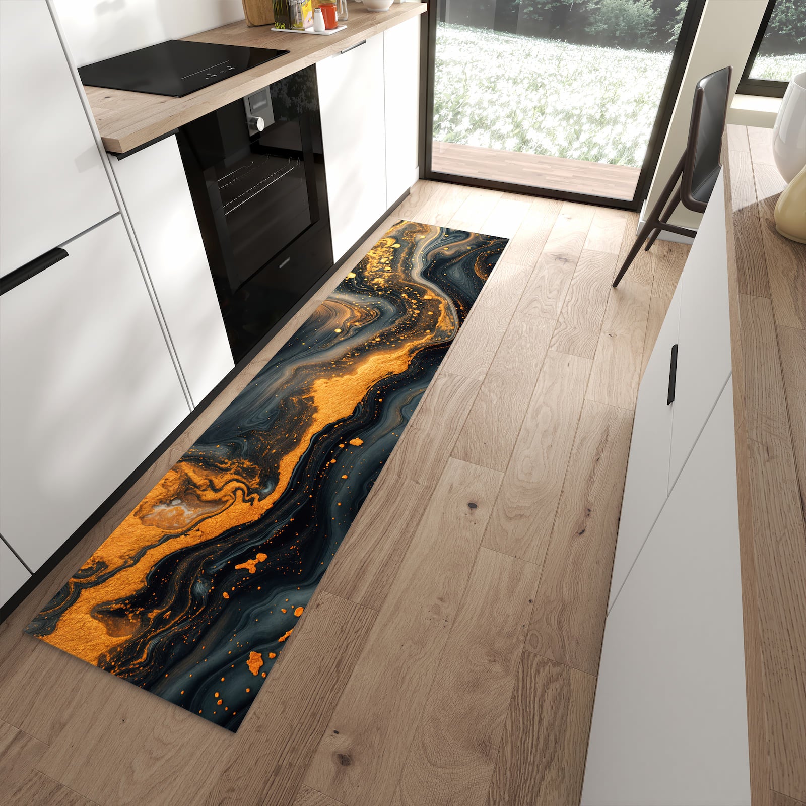 Fleckenresistenter moderner Küchenläufer mit Motiv Abstrakter Wirbel in moderner Küche